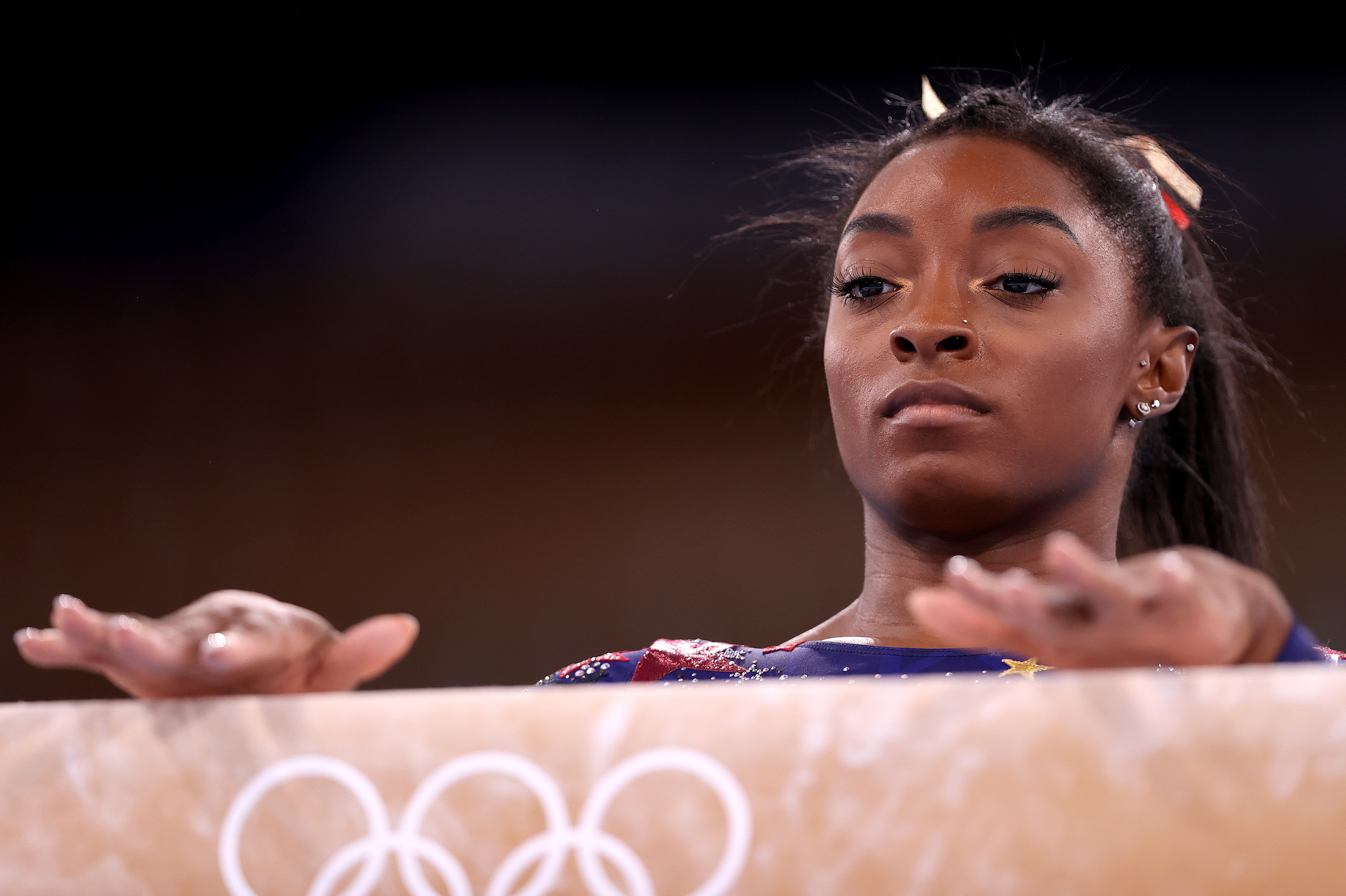 Simone Biles of Team USA competes Sunday on balance beam during the women's qualifiers on Day 2 of the Tokyo Games at Ariake Gymnastics Centre. (Getty Images)