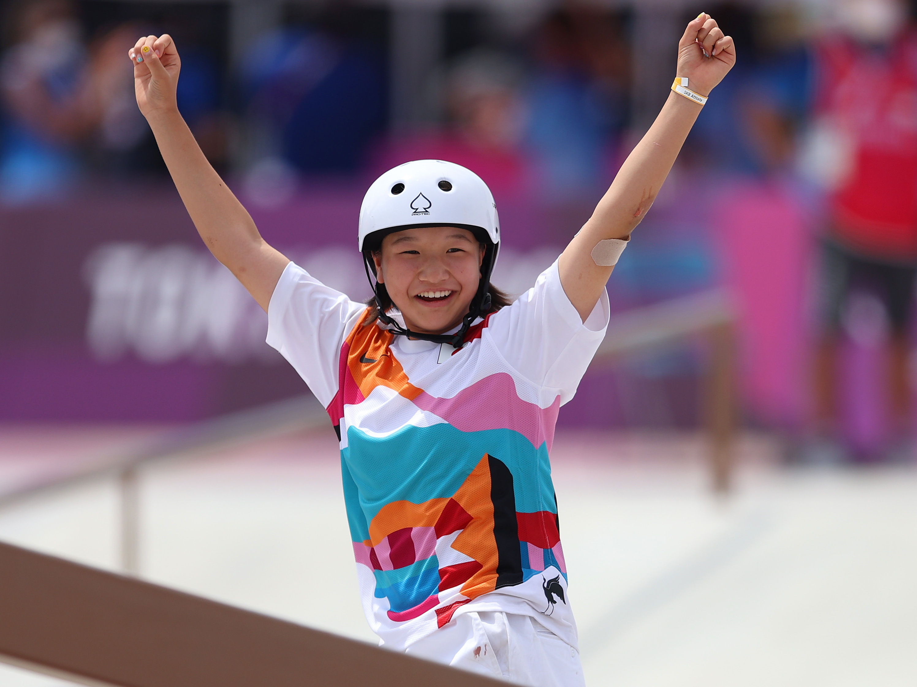 Momiji Nishiya of Team Japan celebrates during the Women's Street Final on day three of the Tokyo 2020 Olympic Games on Monday at Ariake Urban Sports Park. (Getty Images)