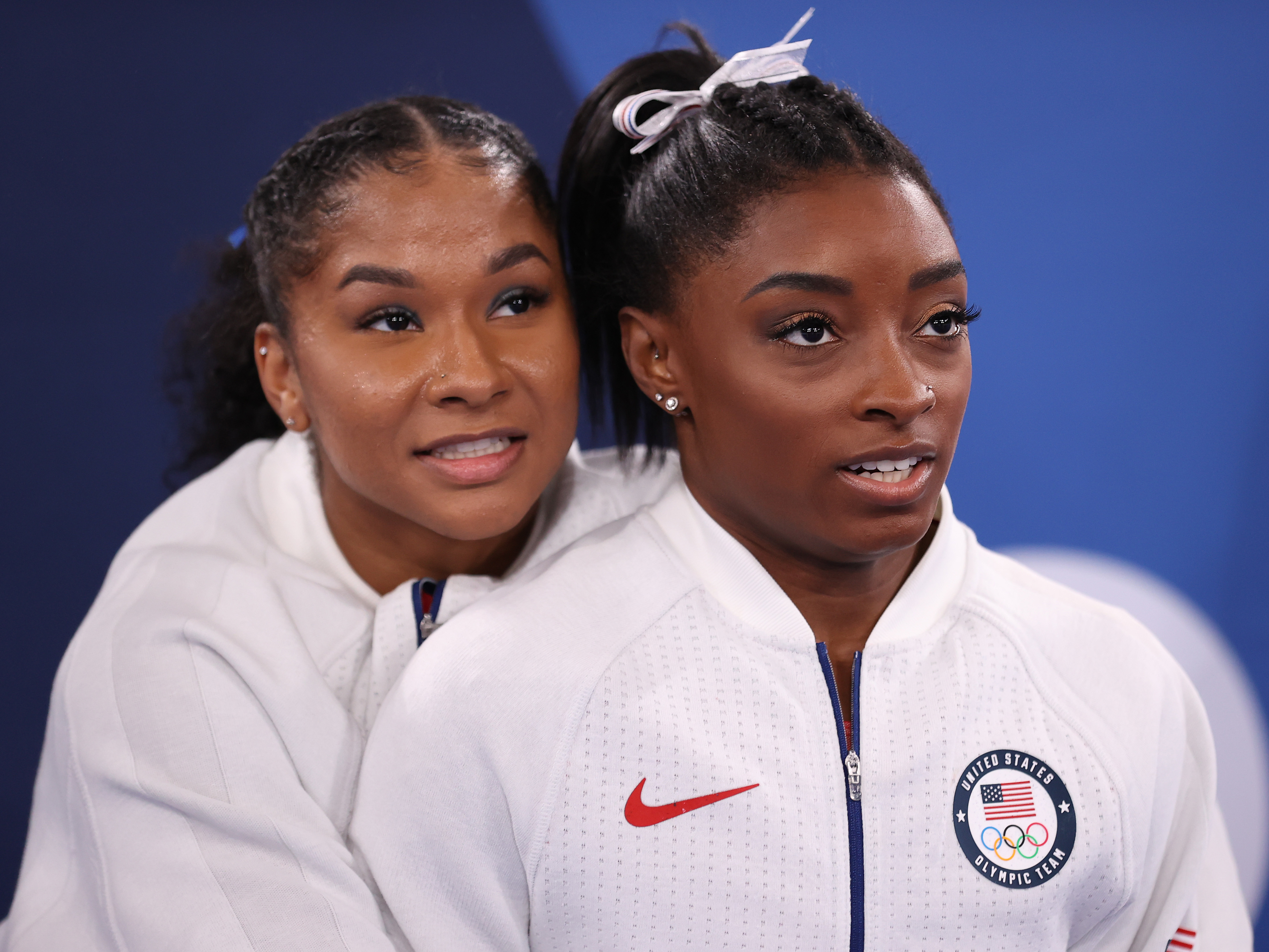 Jordan Chiles (left) and Simone Biles during the women's team final on Tuesday in Tokyo. (Getty Images)