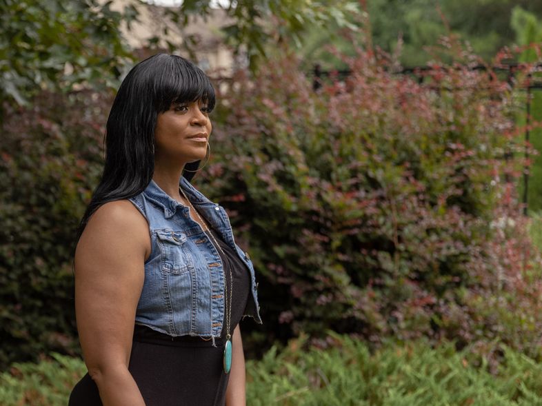 Safiya Kitwana lives in Lithonia, Ga., and is facing eviction. She lost work during the pandemic. She's a single mom with two teenage sons. But, at least in her case, things just took a turn for the better. (Lynsey Weatherspoon for NPR)