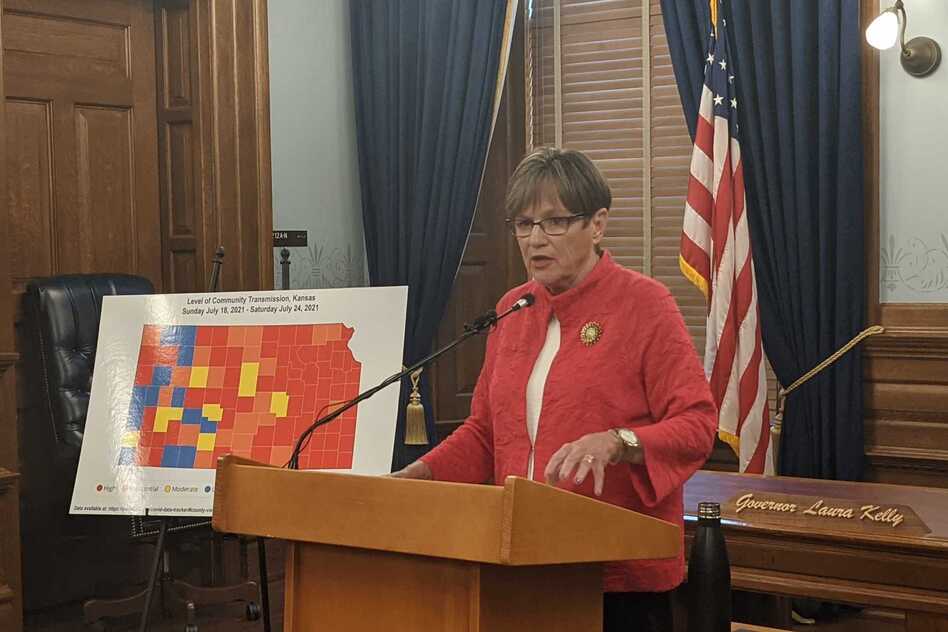 Democratic Kansas Gov. Laura Kelly's legal battle with the Republican-led Legislature has left confusion over whether she has the authority to issue new pandemic restrictions. Kelly did not issue a mask mandate when speaking Wednesday from the state Capitol in Topeka. (Abigail Censky/KCUR)