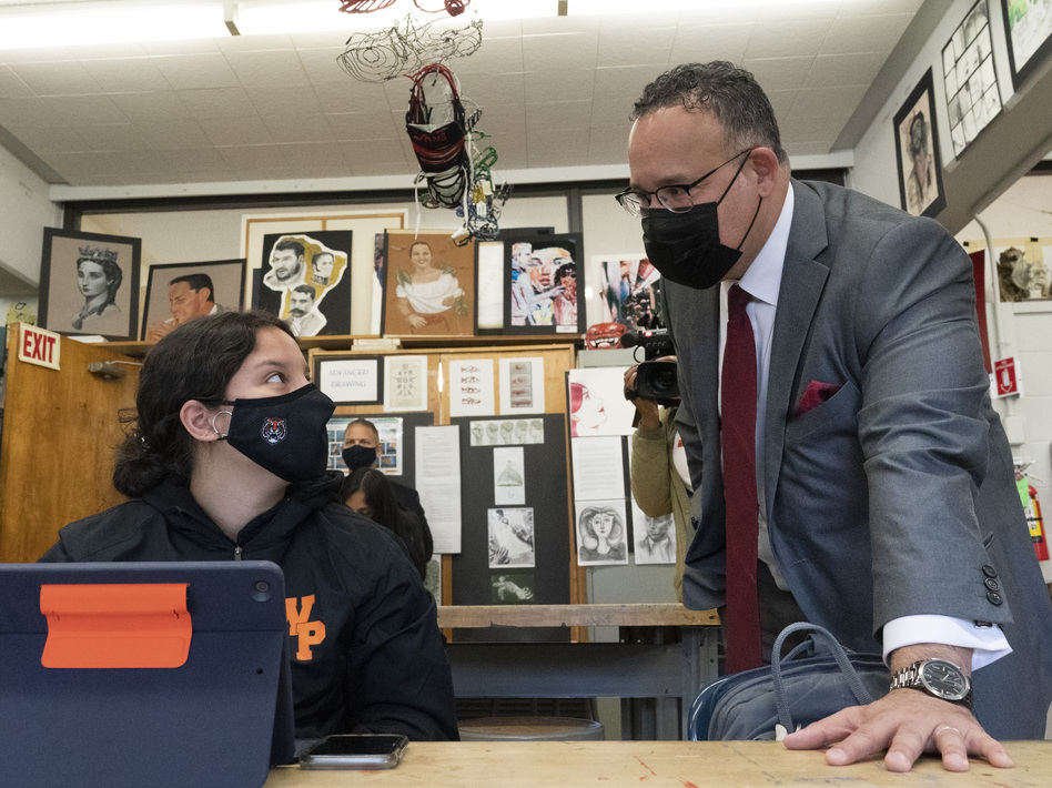 U.S. Education Secretary Miguel Cardona visits White Plains High School in White Plains, N.Y., on April 22. (Mark Lennihan/AP)