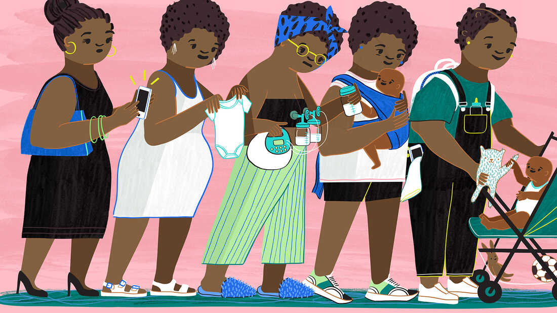 An illustration showing a woman evolving through five stages of motherhood — a process known as matrescence. At first she wears work attire and holds her phone, then she moves into pregnancy and lovingly looks at a baby onesie, then she is pumping breastmilk, then she is wearing her infant, and finally she pushes a stroller with her baby.