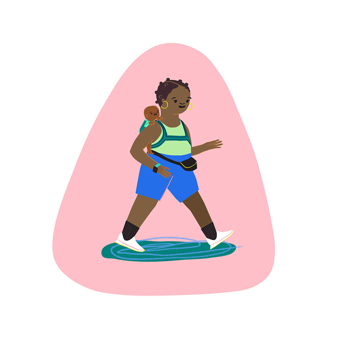 An illustration of a new mom wearing her infant on her back as she takes an active walk.