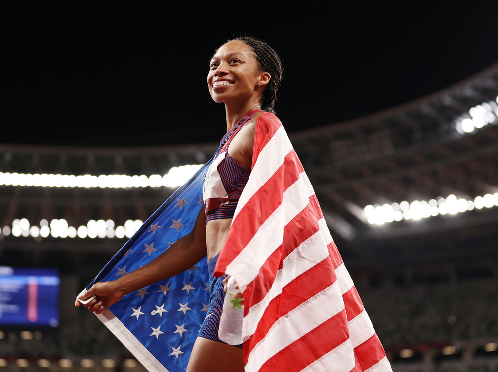 Allyson Felix of Team USA celebrates after winning the bronze medal in the women's 400-meter final at the Tokyo Olympic Games on Friday. (Getty Images)