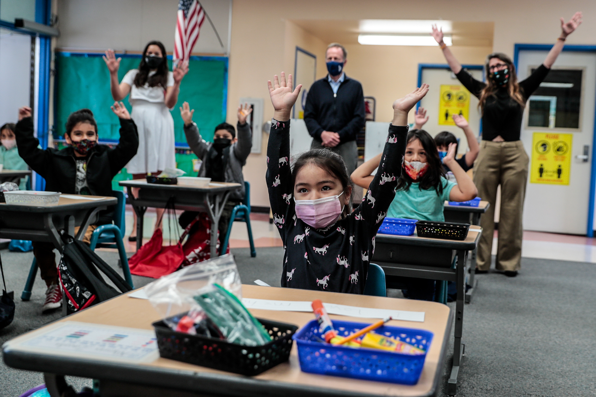 Kindergartner Allyson Zavala joined with other students and school superintendent Austin Buetner for a class selfie in April inside teacher Alicia Pizzi's classroom at Maurice Sendak Elementary School in North Hollywood, Calif. (Los Angeles Times via Getty Images)