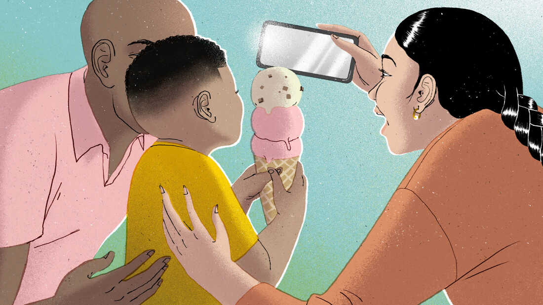 An illustration of a young child eating a scoop of ice cream with two strawberry scoops and a vanilla scoop on top, the person to the left is a biological parent and the person to his right is a step parent. The step parent is holding a phone up and taking a selfie of the three of them.