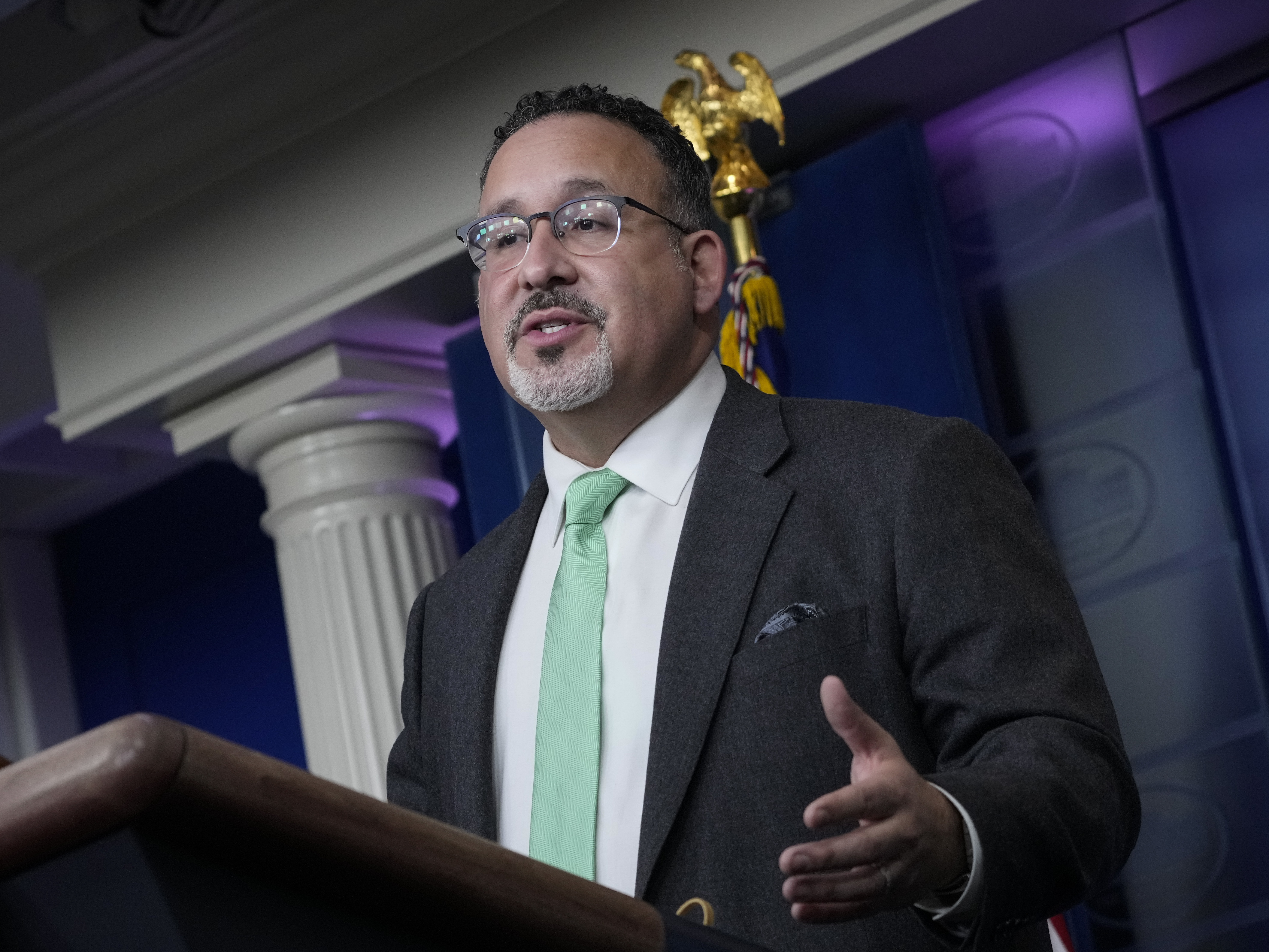 U.S. Education Secretary Miguel Cardona speaks at a March briefing at the White House. (Getty Images)