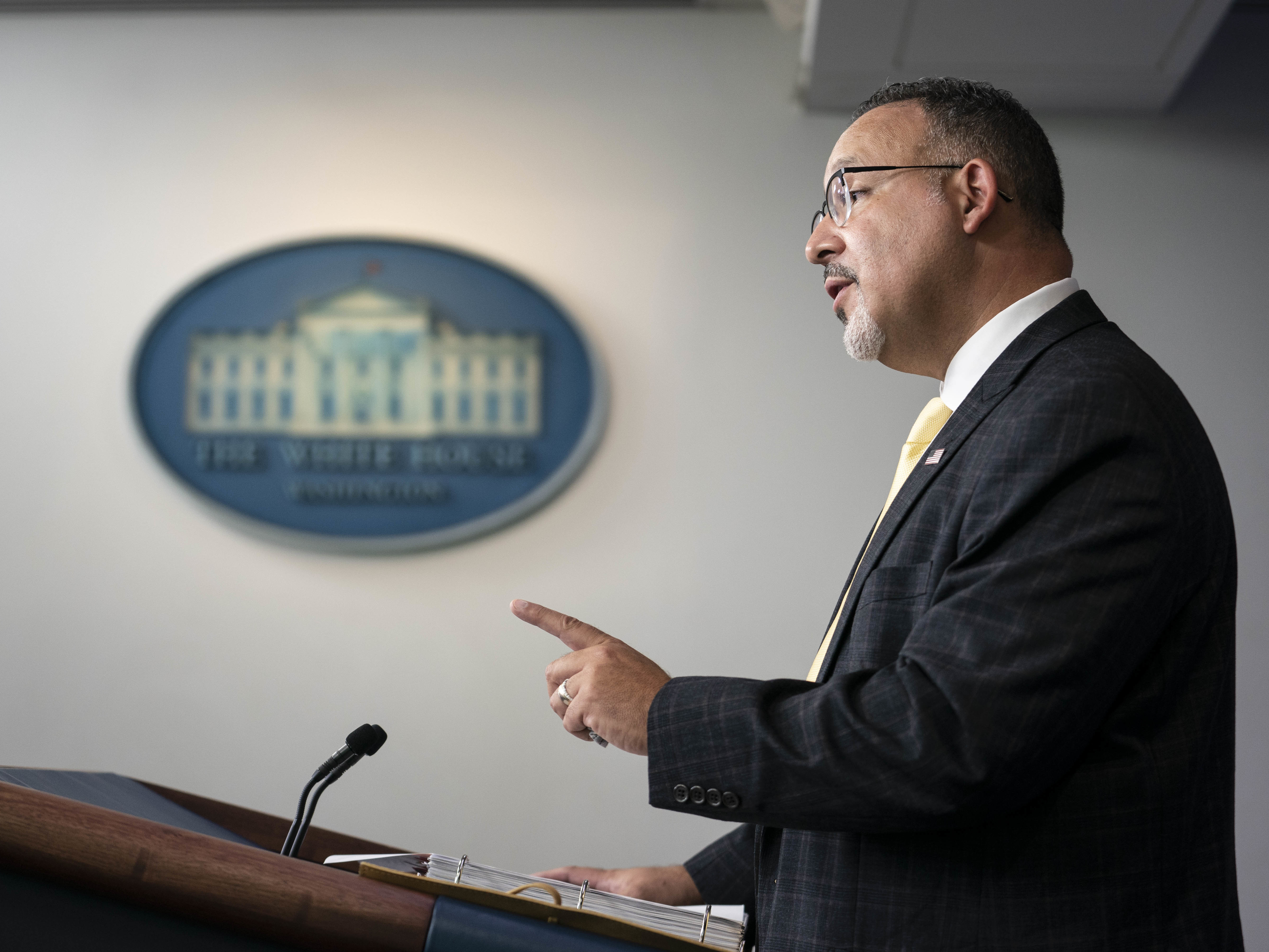 Miguel Cardona, U.S. secretary of education, speaking at a White House press briefing. (Bloomberg via Getty Images)