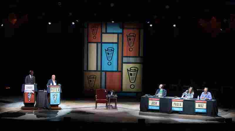 Chioke I'Anson, Peter Sagal, Josh Gondelman, Paula Poundstone, and Maz Jobrani onstage at Tanglewood in Lenox, Ma.
