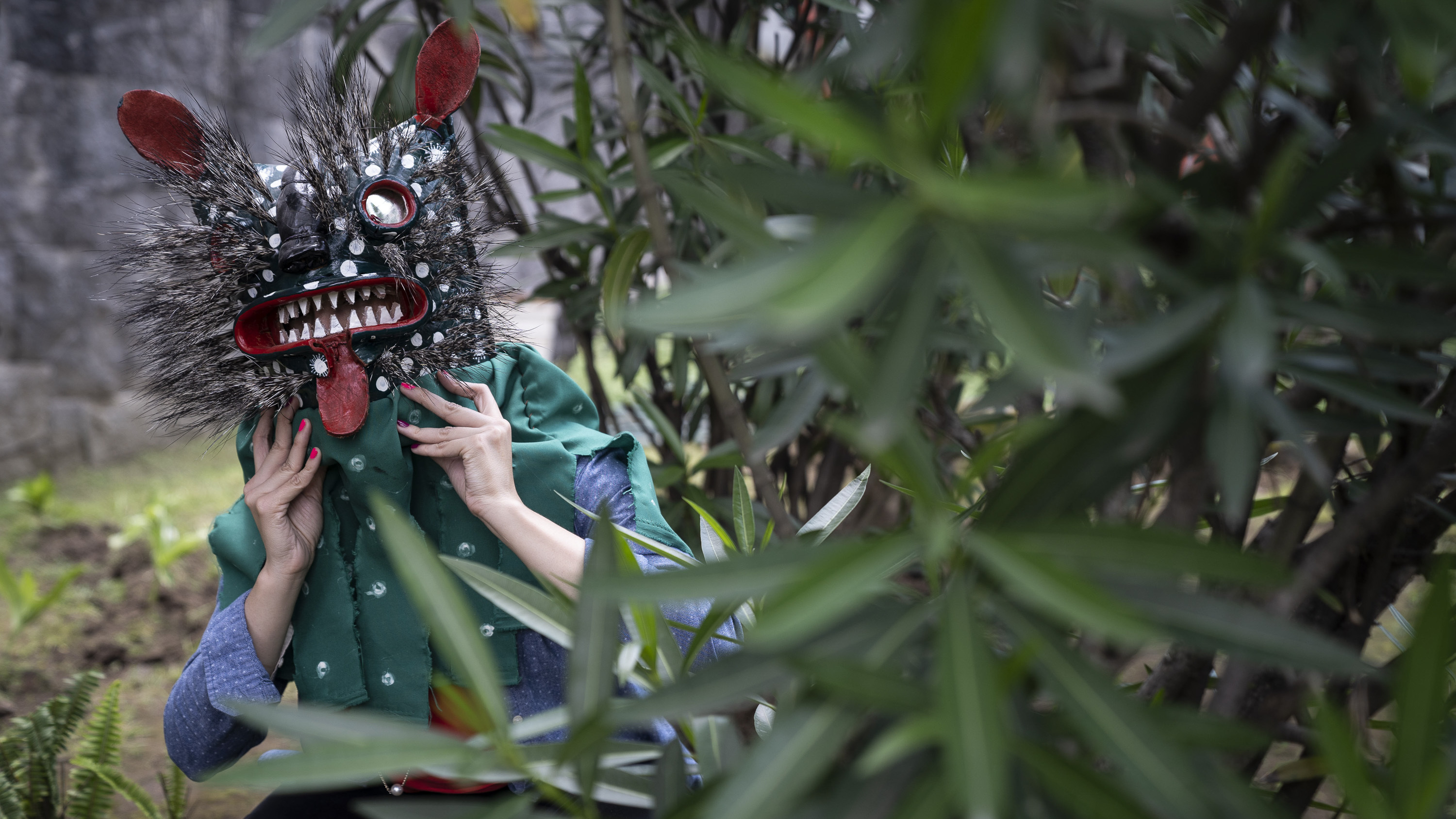 Blanca Cardenas, professor of ehnology at the National School of Anthropology and History, wears the mask "COVID Tiger," by Nahua artisan Armando Pascualeño from Zitlala, Guerrero, Mexico.