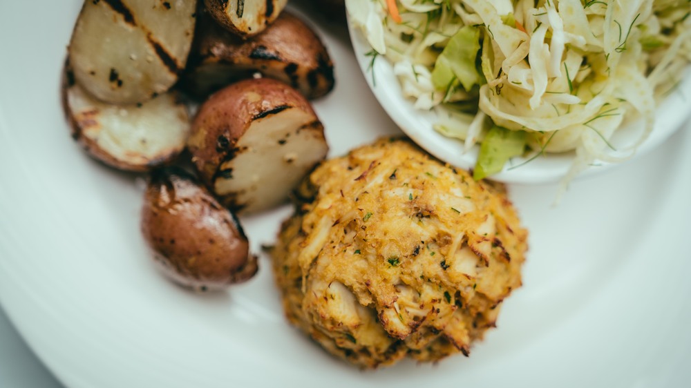 A crab cake is pictured from Gertrude's Chesapeake Kitchen in Baltimore, where chef John Shields is experimenting with adding tofu to his crab mix. (Courtesy of Gertrude's Chesapeake Kitchen)