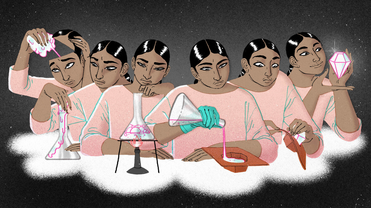 An illustration showing a sequence of a woman taking out her brain and examining it. She carries out a series of processes on it with test tubes and eventually it transforms into a diamond, illustrating the concept that she harnessed the power of her anxiety, like the saying "pressure makes diamonds."