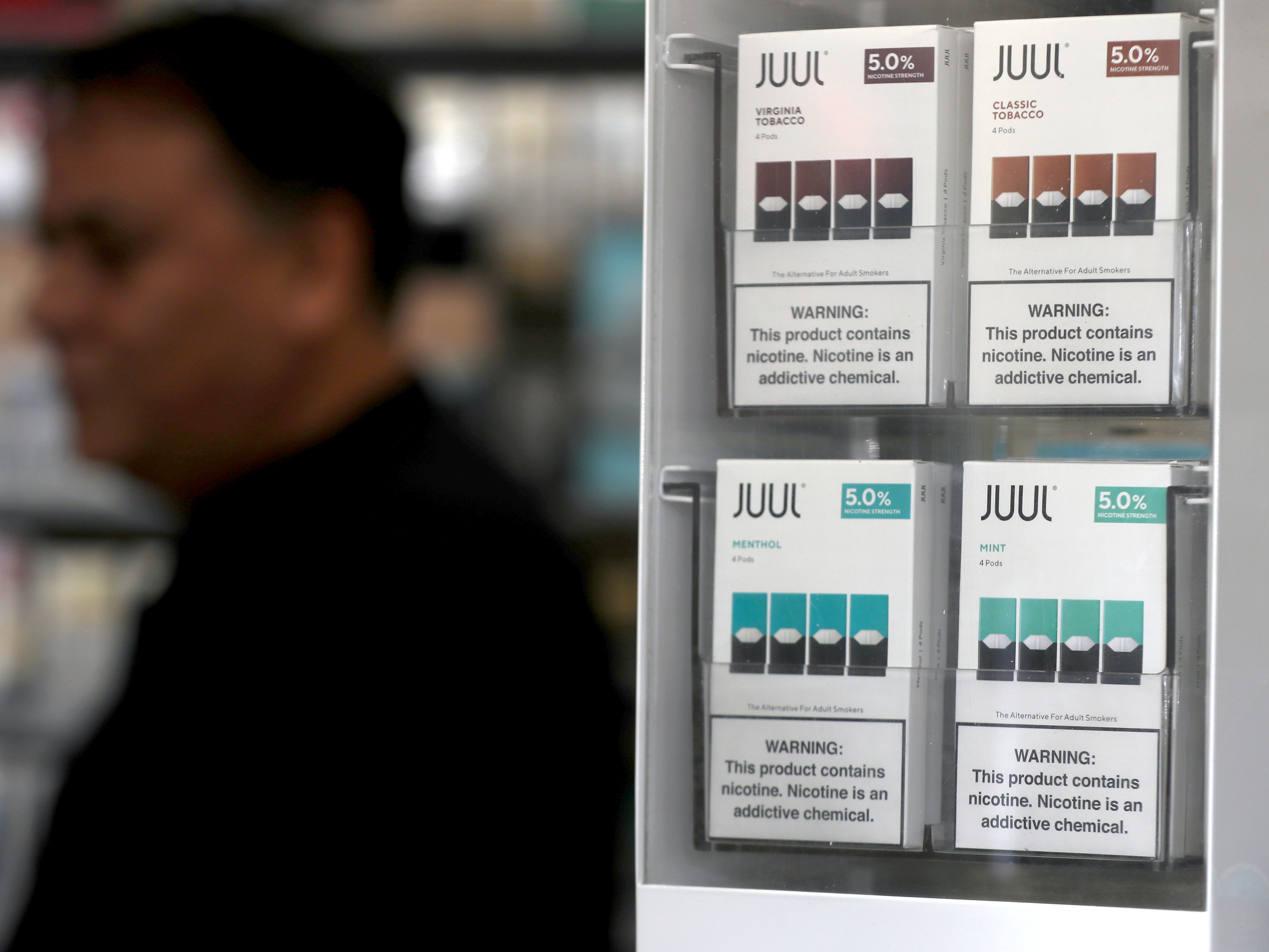 Packages of Juul mint-flavored electronic cigarettes are displayed at San Rafael Smoke Shop in 2019 in San Rafael, Calif. (Getty Images)