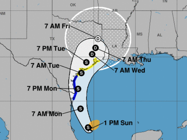 The projected path of Tropical Storm Nicholas.