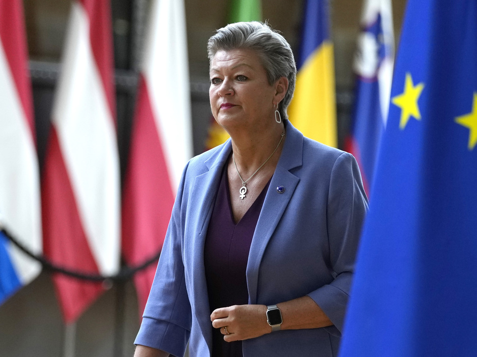 European Commissioner for Home Affairs Ylva Johansson arrives for a meeting at the European Council building in Brussels, Tuesday, Aug. 31, 2021. (Virginia Mayo/AP)