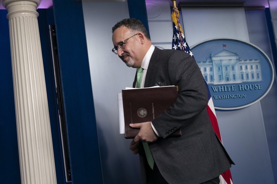 U.S. Education Secretary Miguel Cardona, pictured here in March, begins a back-to-school tour of the Midwest on Monday.