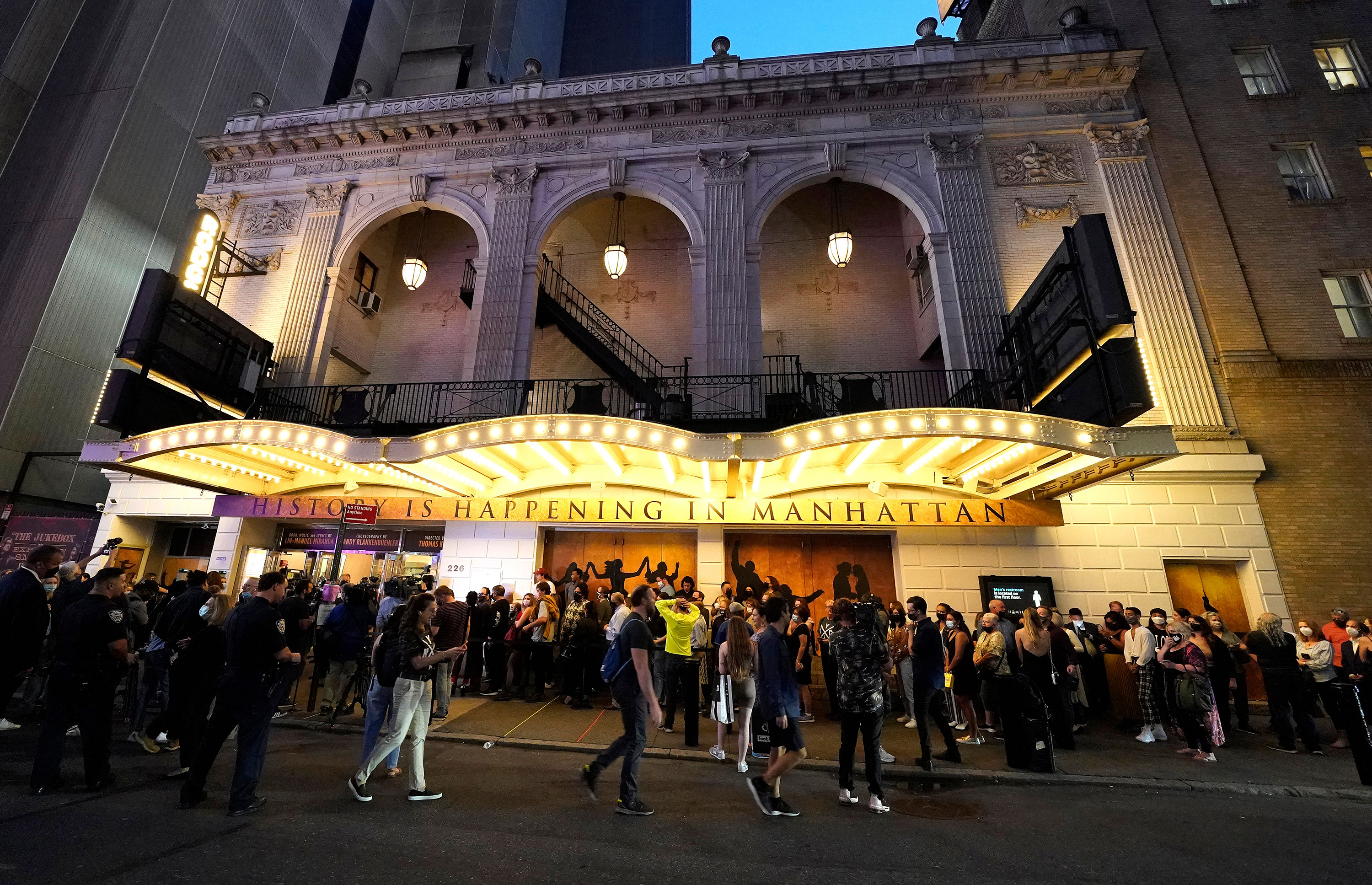 People wait to attend the Broadway musical &quot;Hamilton&quot; after showing their vaccination cards on September 14, 2021 at the Richard Rodgers Theatre in New York. (AFP/Getty Images)