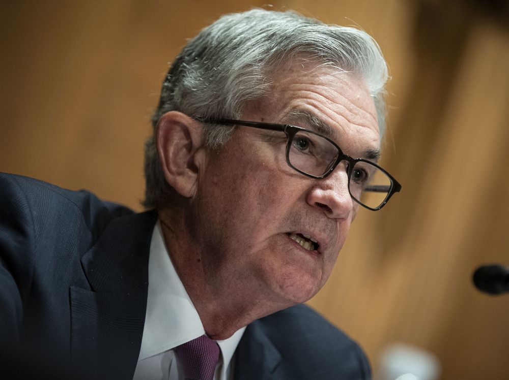 Federal Reserve Chairman Jerome Powell speaks during a Senate Banking Committee hearing in Washington, D.C., on July 15. The Fed issued new economic projections at the conclusion of its policy meeting on Wednesday. (Bloomberg via Getty Images)