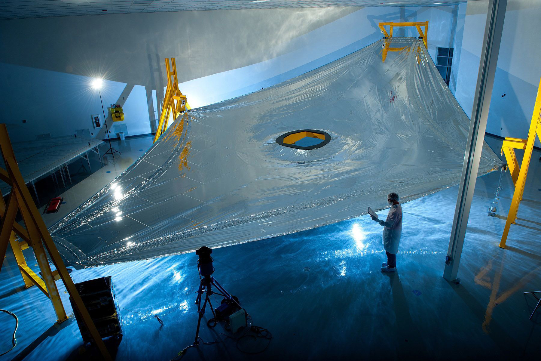 A high-tech, five-layer sunshield helps the telescope stay at negative 370 degrees Fahrenheit, so it can detect heat signals from very distant objects. (Northrop Grumman Aerospace Systems)