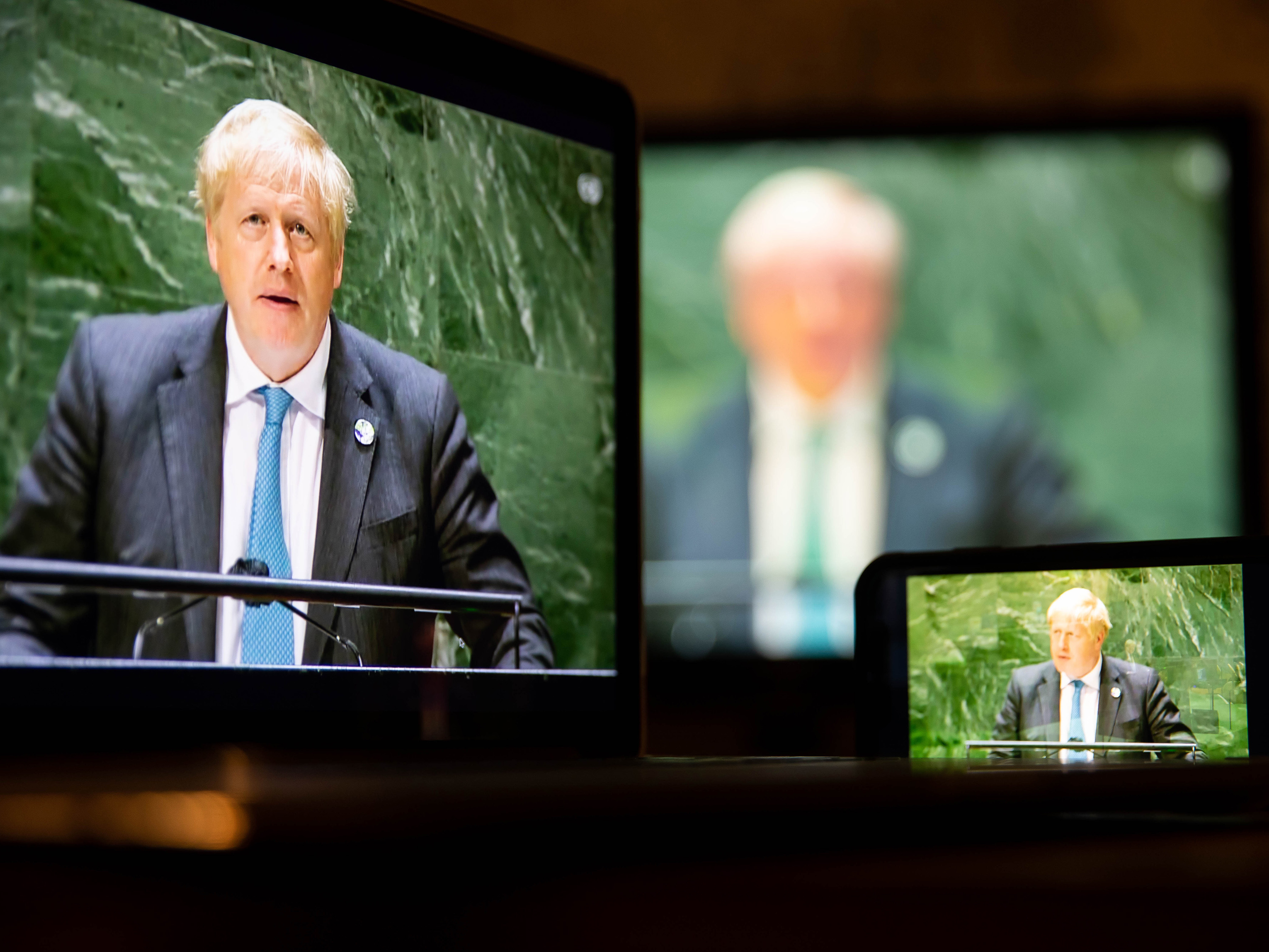U.K. Prime Minister Boris Johnson addresses the U.N. General Assembly in New York on Wednesday. (Bloomberg via Getty Images)