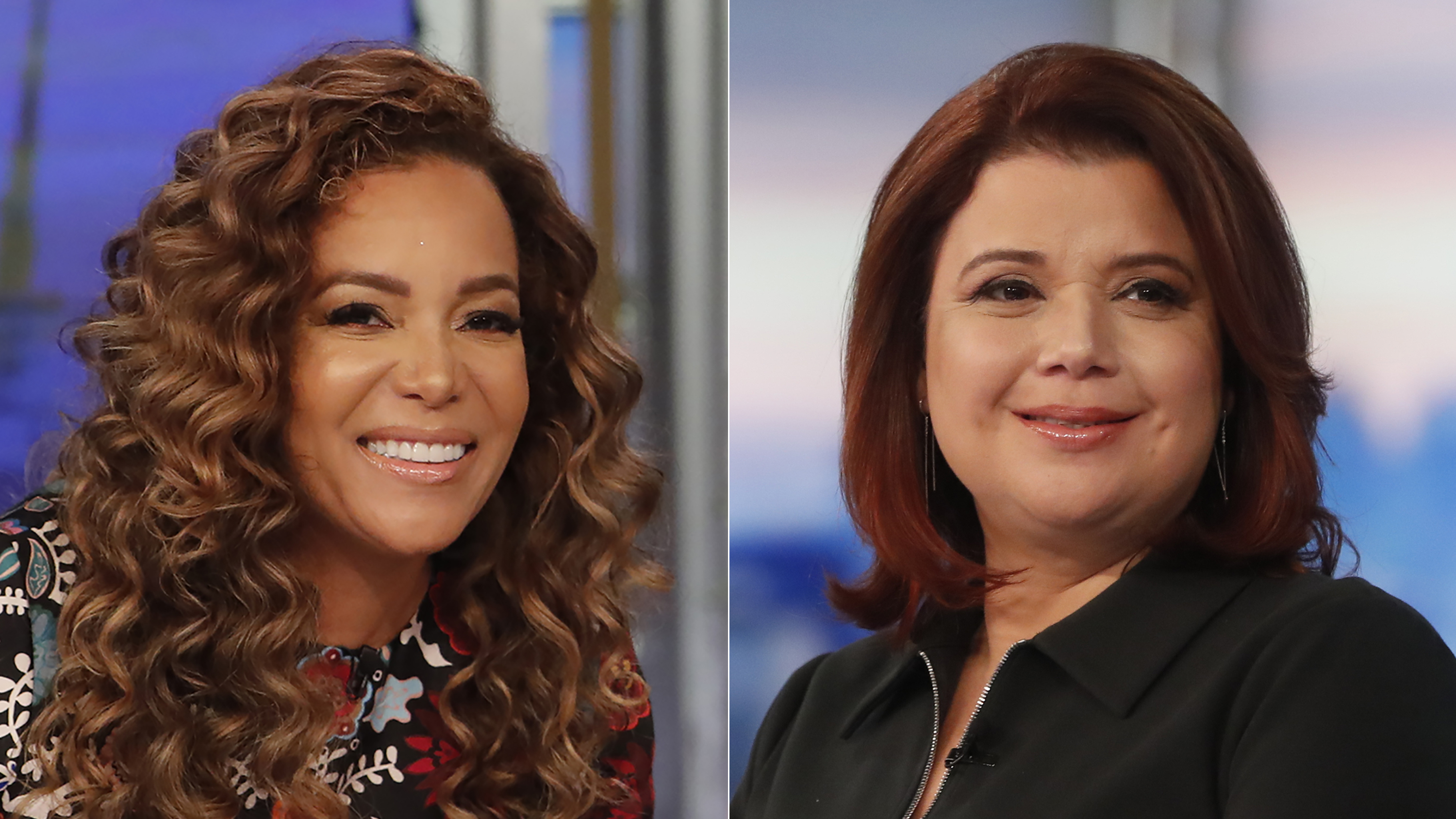 This combination of photos shows co-hosts Sunny Hostin (left) and Ana Navarro on the set of "The View," in New York on Sept. 17.