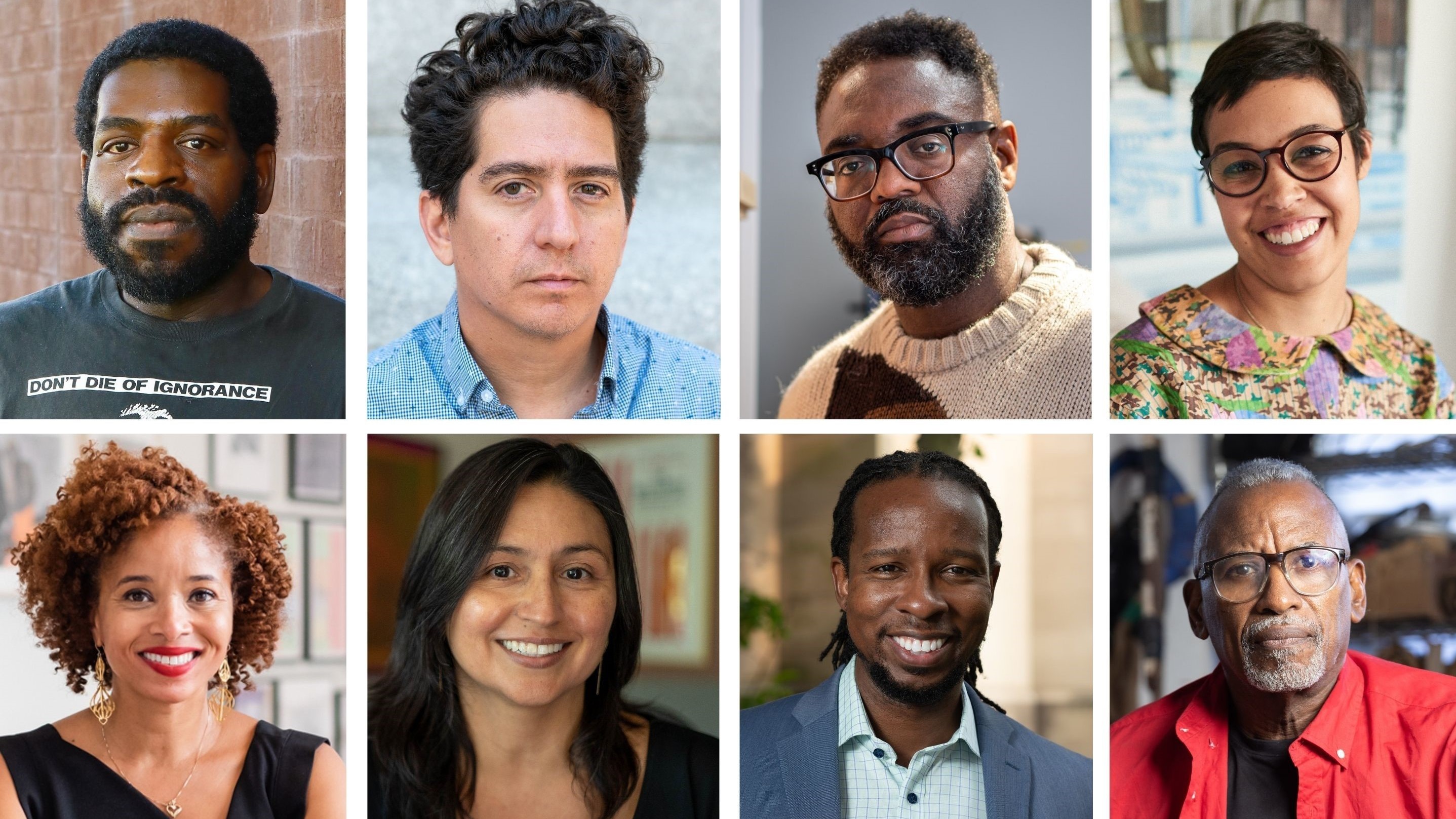 A selection of MacArthur Fellows from the Class of 2021: Hanif Abdurraqib, Daniel Alarcón, Reginald Dwayne Betts, Jordan Casteel, Don Mee Choi, Nicole Fleetwood, Cristina Ibarra, Ibram X. Kendi, Daniel Lind-Ramos, Monica Muñoz Martinez, Safiya Noble, Alex Rivera, Jacqueline Stewart, Keeanga-Yamahtta Taylor and Jawole Willa Jo Zollar.