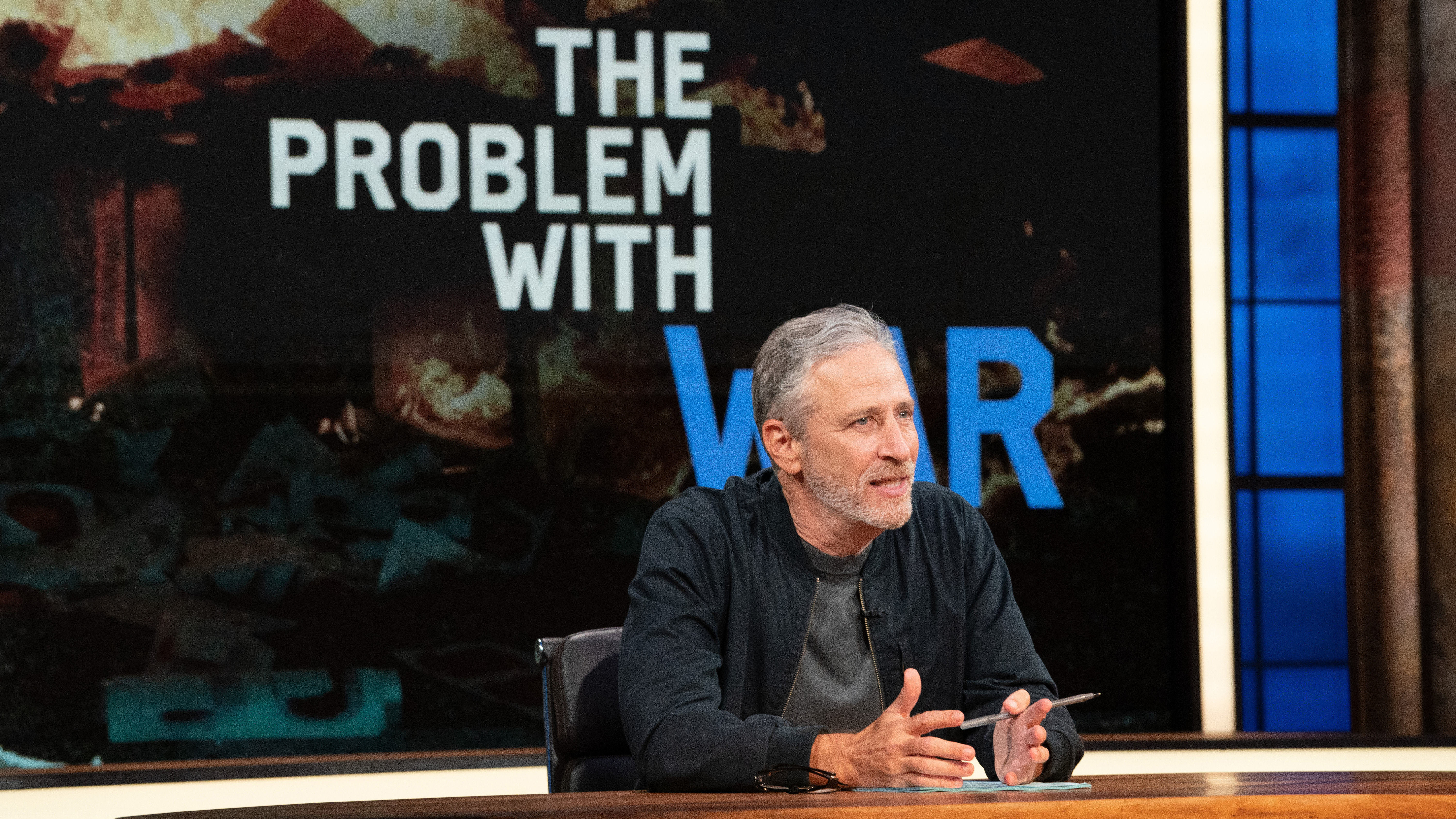 Host Jon Stewart on the set of &quot;The Problem with Jon Stewart.&quot; (Apple TV+)