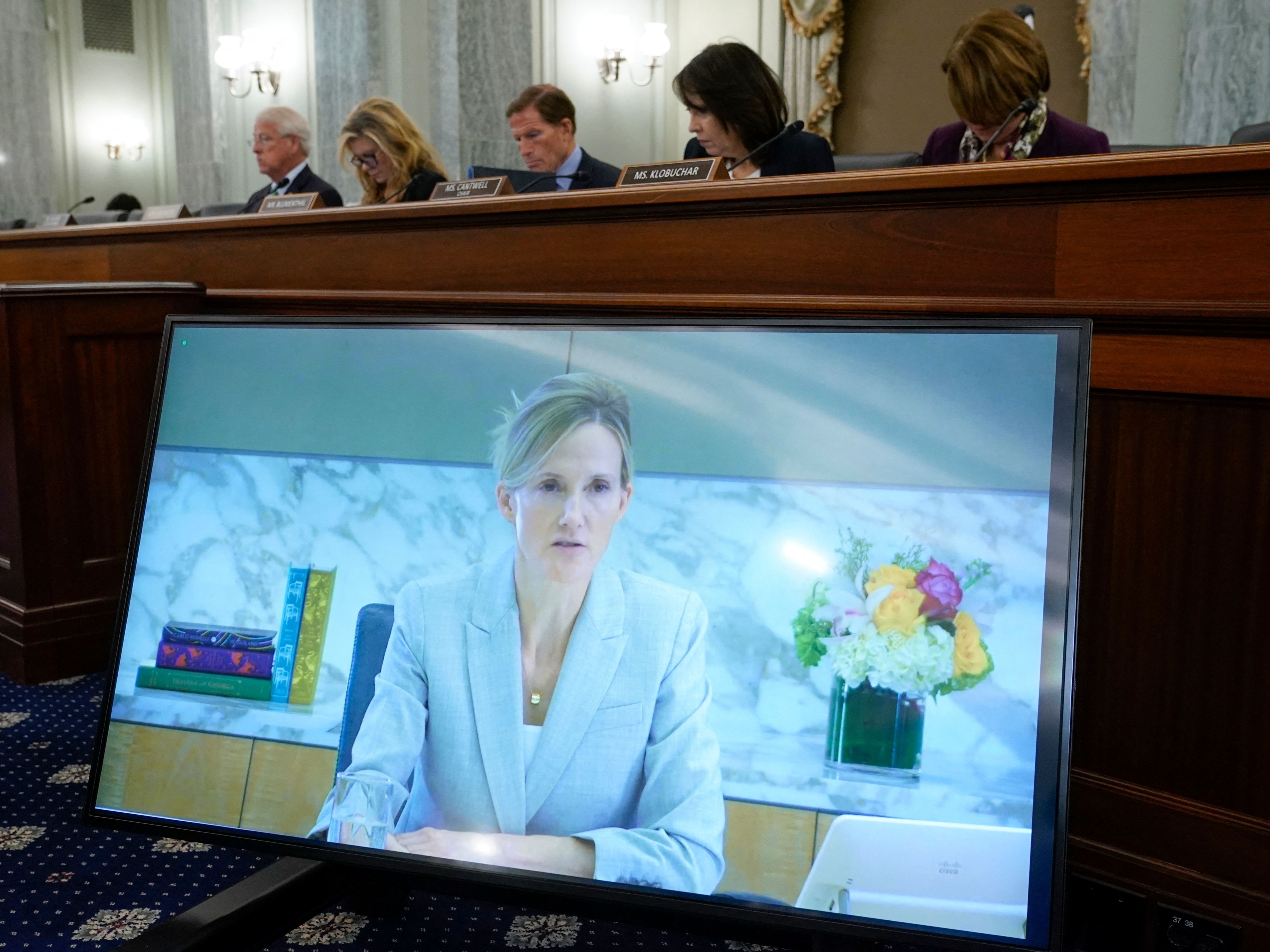 Antigone Davis, Facebook's global head of safety, testifies remotely Thursday before a Senate subcommittee following leaks of internal research showing the company knows the harm its apps cause young people. (Pool/AFP via Getty Images)