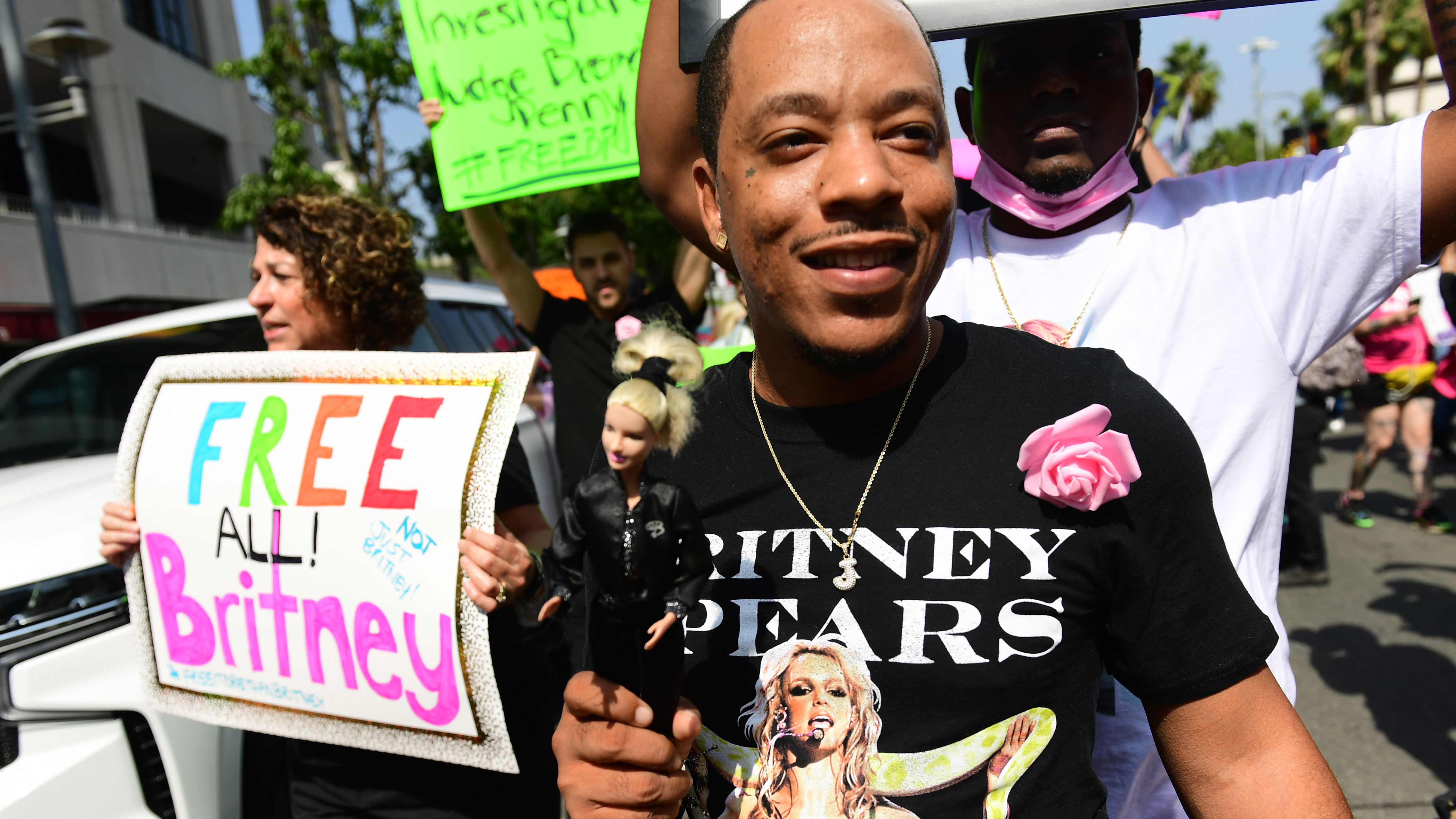 #FreeBritney activists rally at the Stanley Mosk Courthouse in Los Angeles during the Britney Spears conservatorship hearing Wednesday.