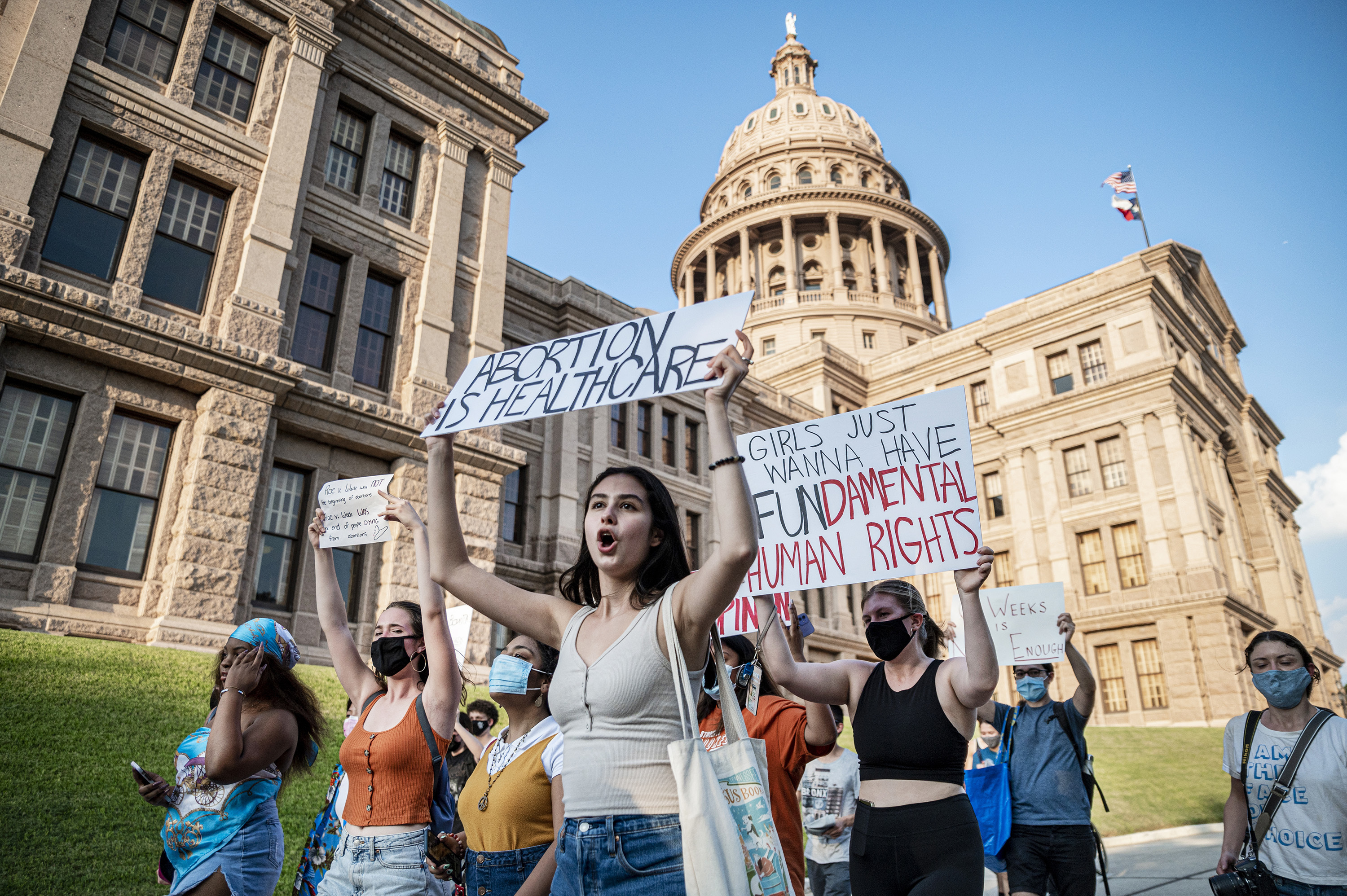 Abortion-rights supporters march outside the Texas Capitol in Austin on Sept. 1. (The Washington Post/Getty Images)
