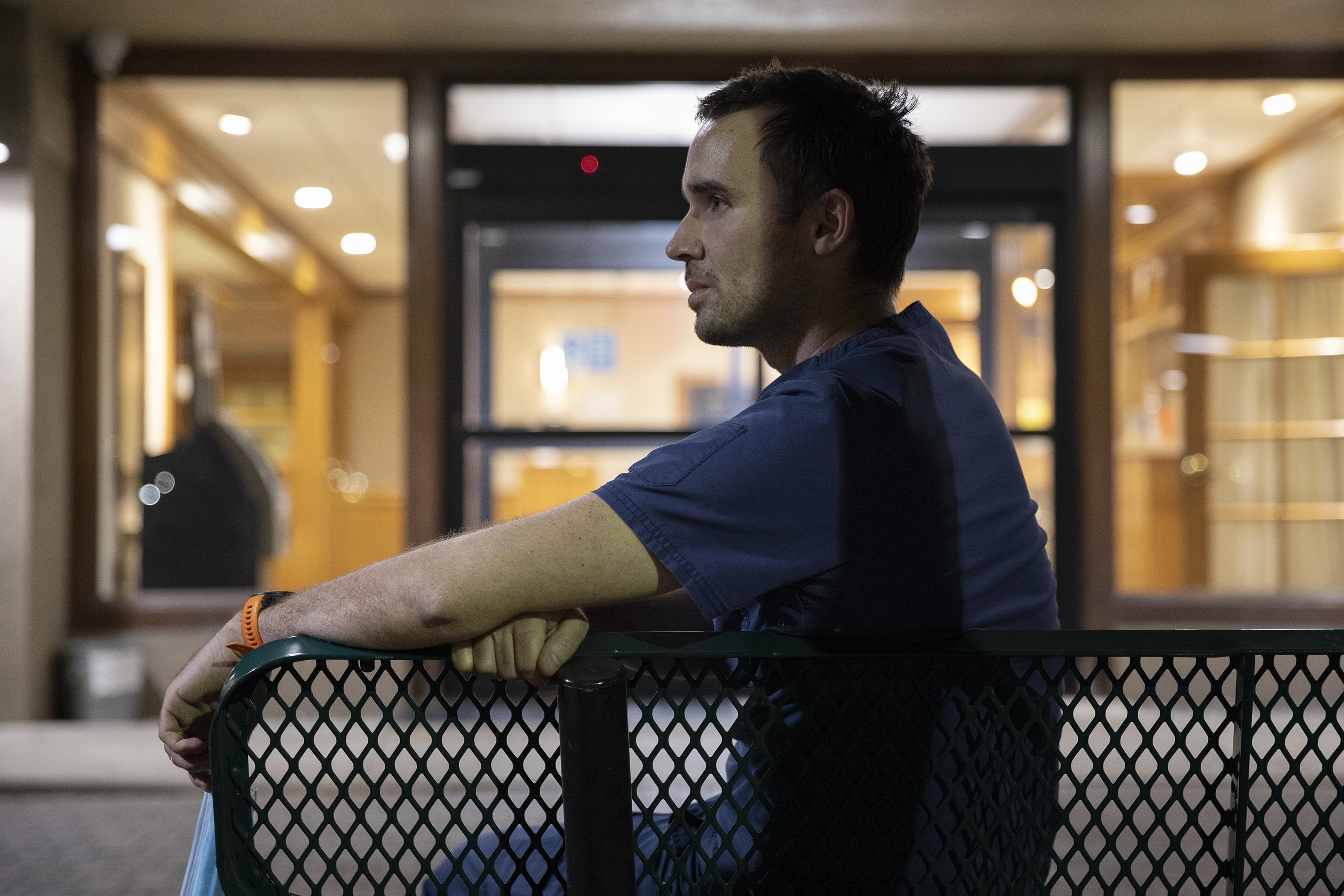 Matthew Crecelius, a traveling contract nurse who has worked in a dozen hospitals since the pandemic began, says that he can recall numerous instances where health care worker burnout has had a direct impact on patient care. (Elaine Cromie for NPR)