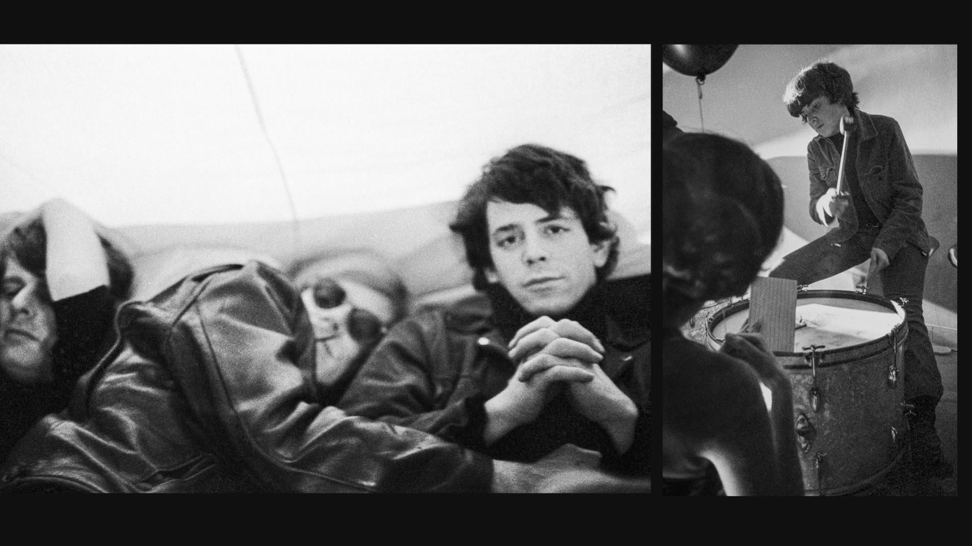 Paul Morrissey, Andy Warhol, Lou Reed and Moe Tucker from archival photography in a split-screen frame from &quot;The Velvet Underground.&quot; (Apple TV+)
