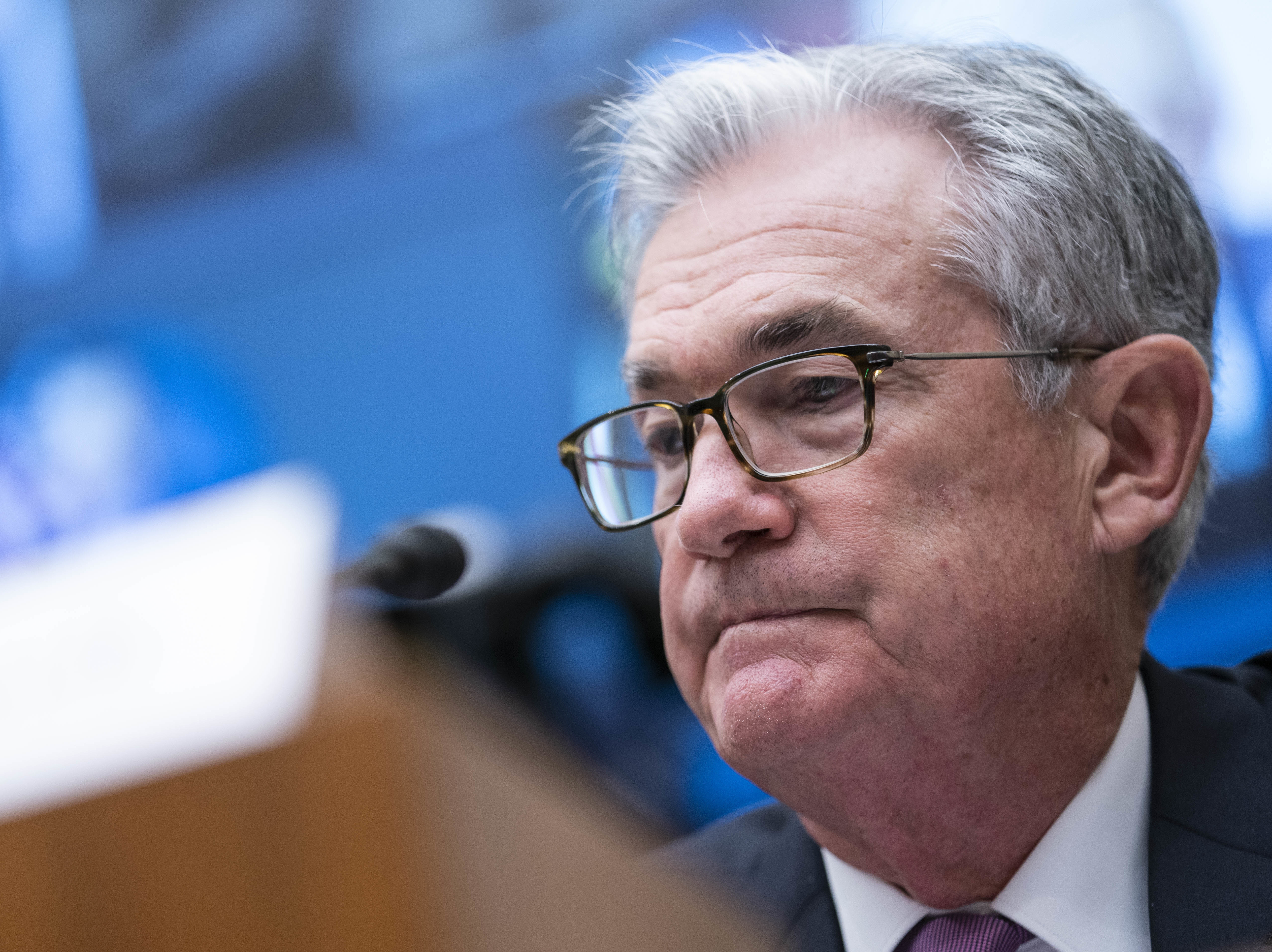Federal Reserve Chairman Jerome Powell testifies during a House Financial Services Committee hearing in Washington, D.C., on Sept. 30. Powell's term expires early next year, and President Biden must decide whether to reappoint him. (UPI/Bloomberg via Getty Images)