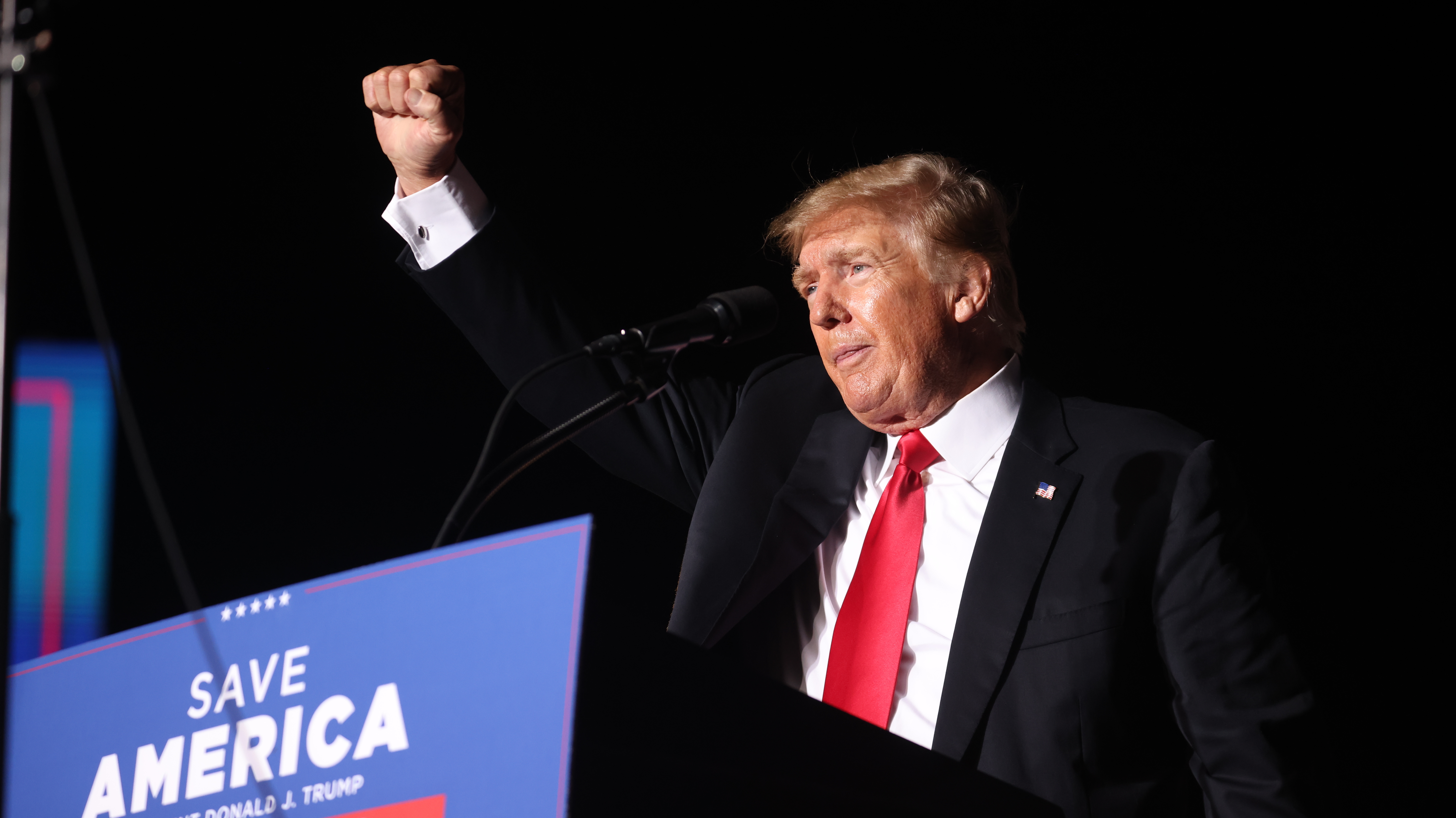 Former President Donald Trump speaks to supporters during a rally at the Iowa State Fairgrounds on Oct. 9 in Des Moines. The Republican Party's agenda now includes the false notion that the 2020 election was somehow stolen. (Getty Images)