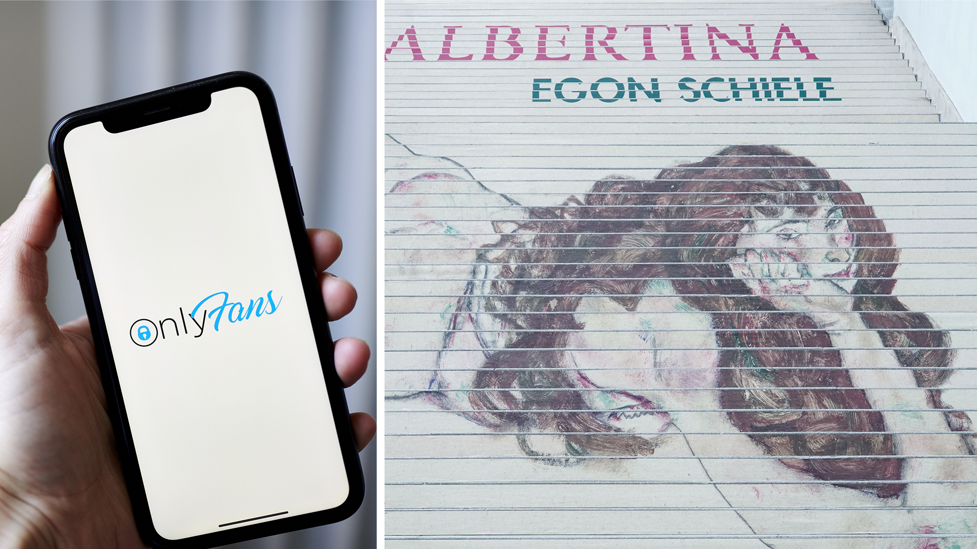 Left: OnlyFans is hosting some of Vienna's nude artwork. Right: A painting is seen on the stairway of the famous Albertina art museum. (Bloomberg; Joe Klamar/AFP via Getty Images)