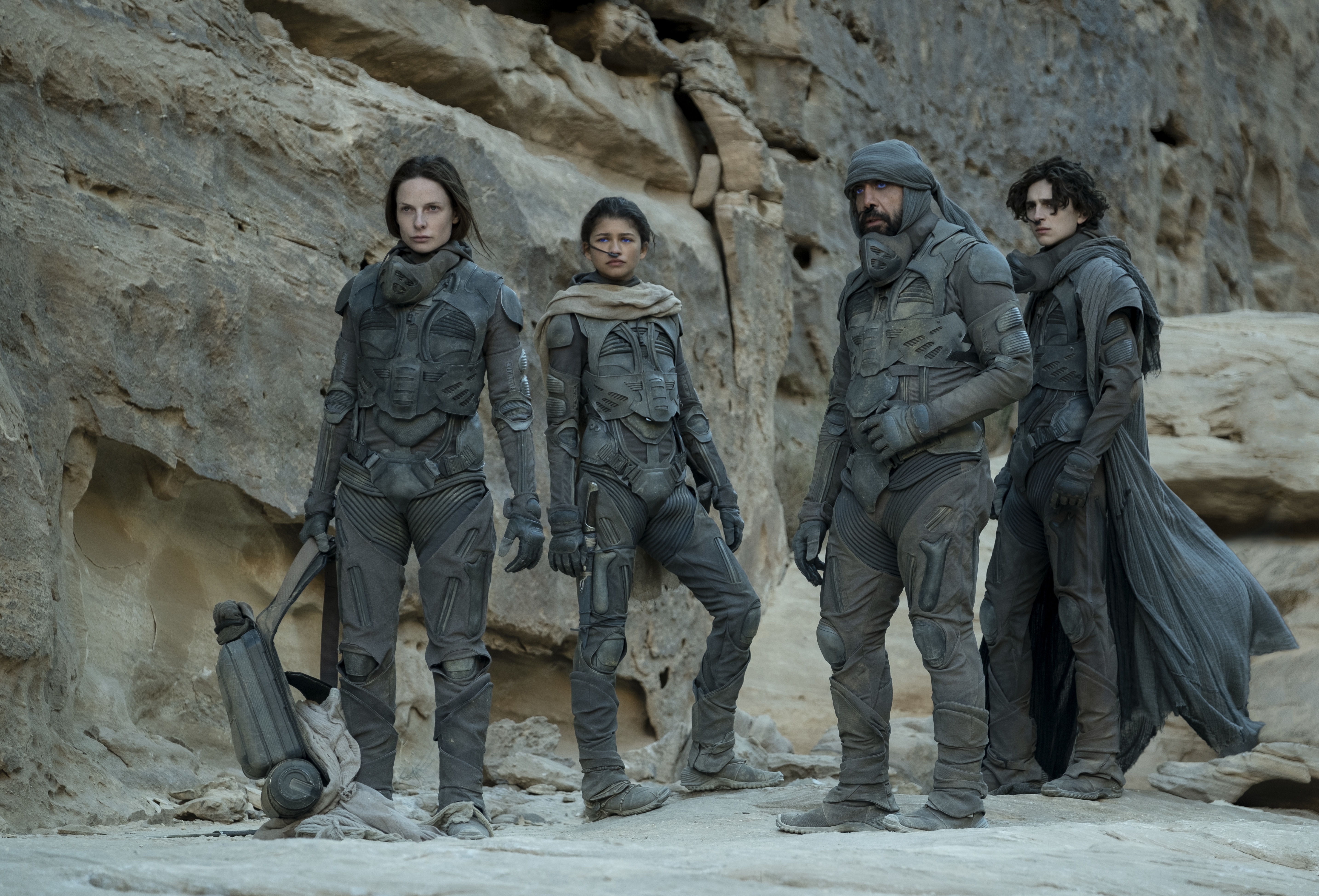 Rebecca Ferguson as Lady Jessica Atreides, Zendaya as Chani, Javier Bardem as Stilgar, and Timothée Chalamet as Paul Atreides (Warner Bros. Entertainment Inc.)