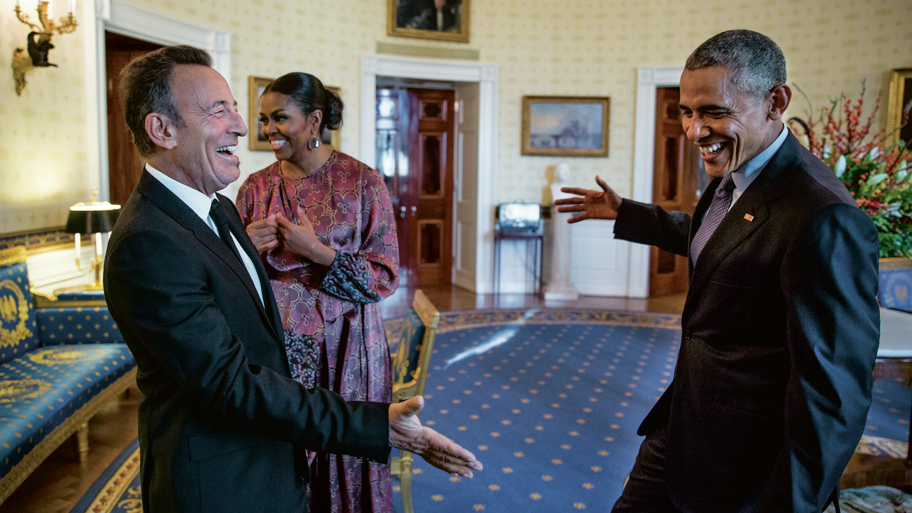 Bruce Springsteen, Michelle Obama and Barack Obama in the Blue Room before the Presidential Medal of Freedom ceremony on Nov. 22, 2016. It's one of many photos featured in the Renegades book.