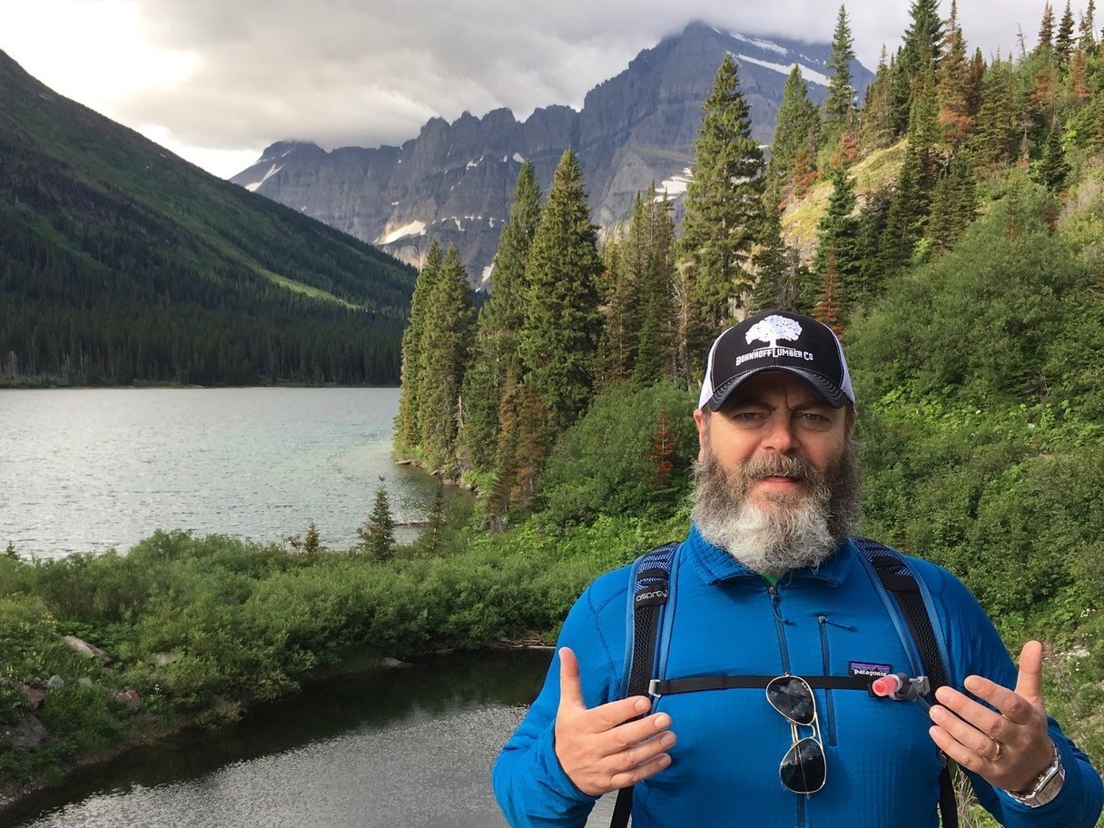 Nick Offerman's new book is an appreciation of the outdoors. It includes sections on hiking Glacier National Park in Montana. (George Saunders)