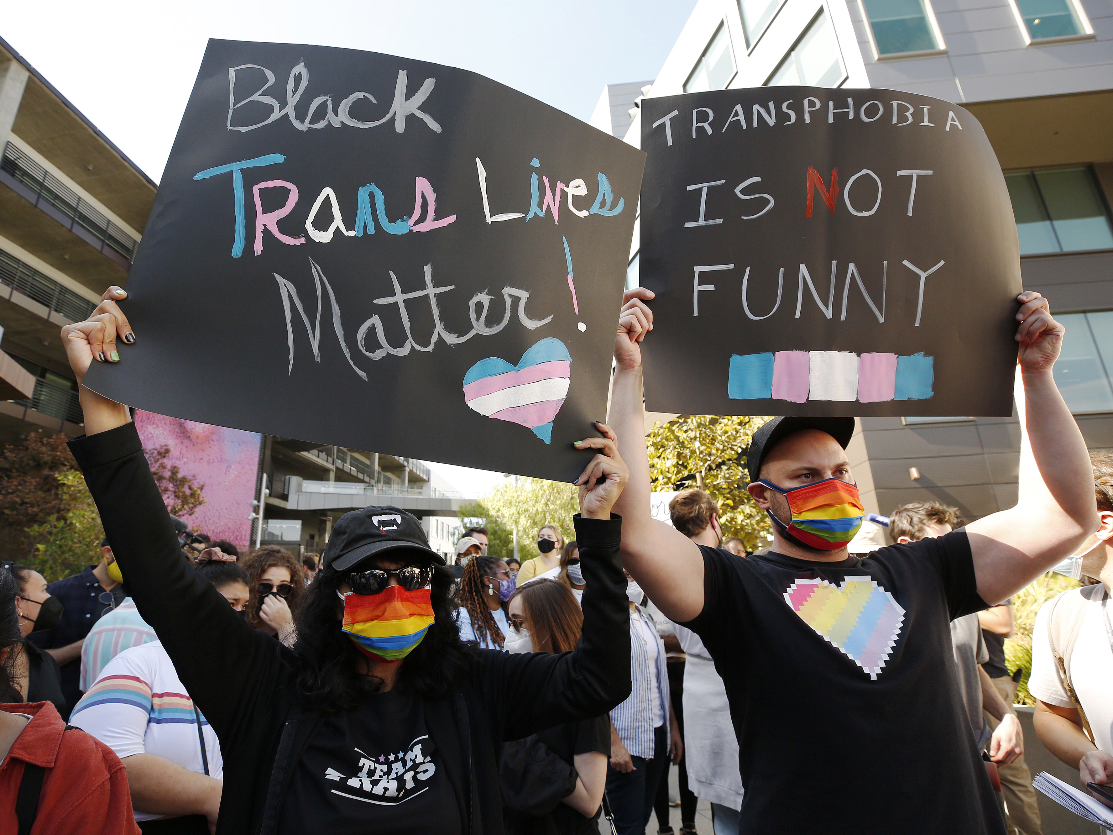 Protesters during an Oct. 20 walkout by Netflix employees, activists, public figures and supporters. (Los Angeles Times via Getty Imag)