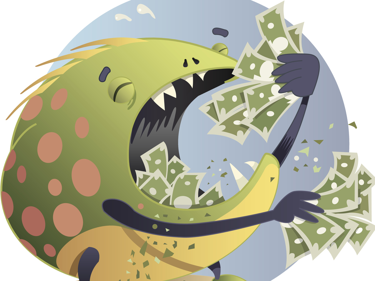 Cartoon illustration of a green monster eating a fist full of dollar bills.