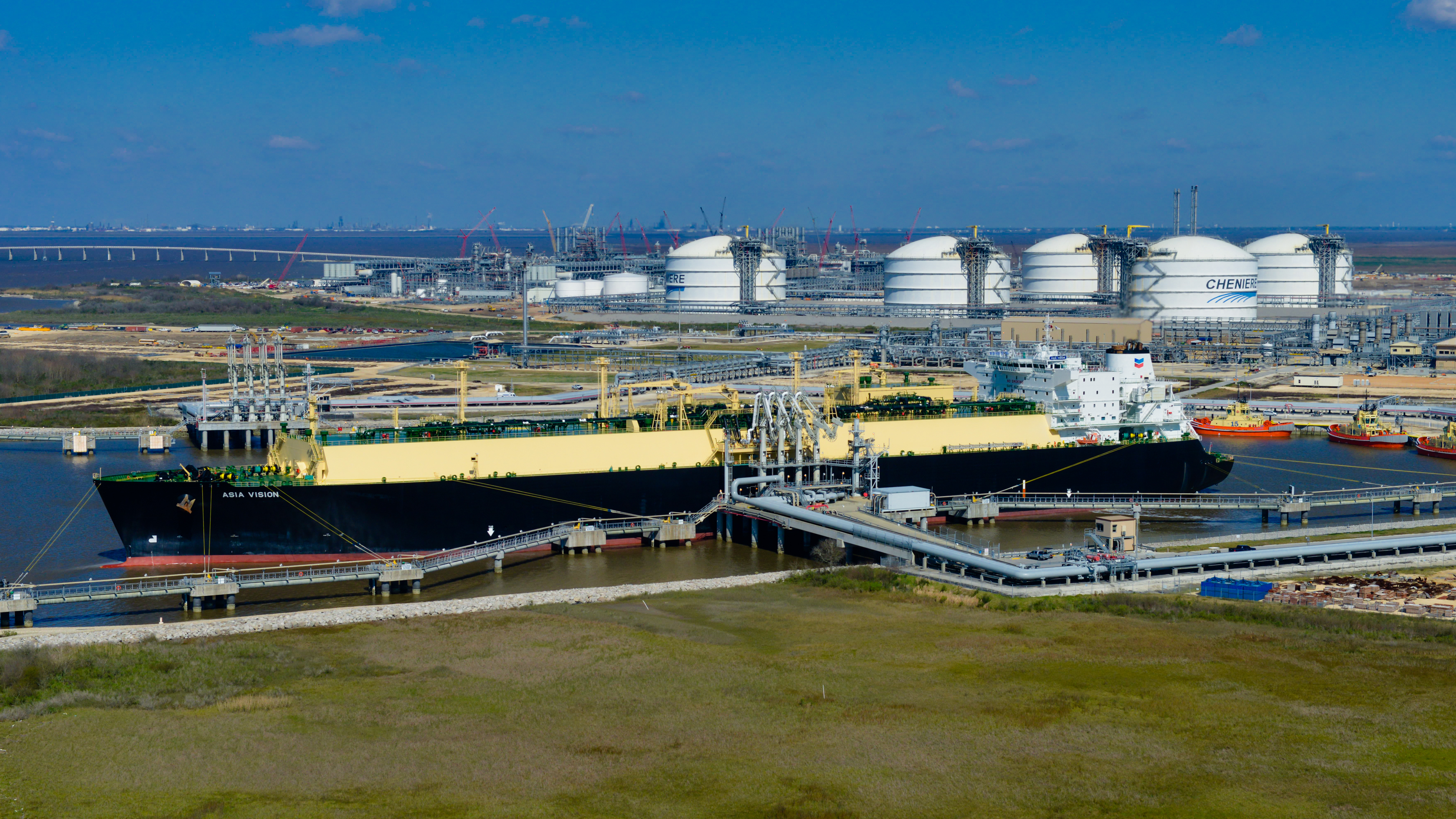 The Asia Vision LNG carrier ship sits docked at the Cheniere Energy Inc. terminal in this aerial photograph taken over Sabine Pass in Texas in 2016. (Bloomberg via Getty Images)