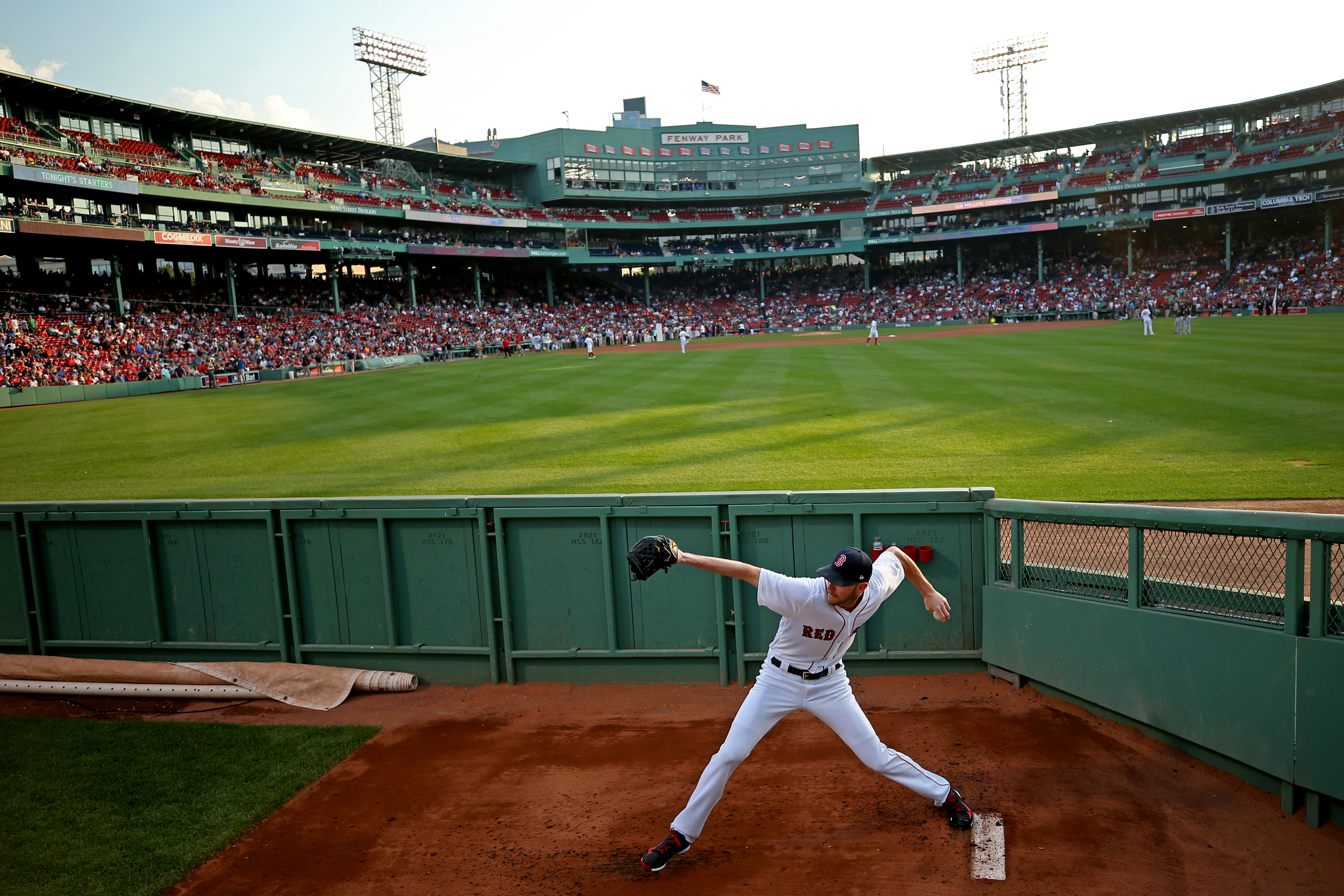 Chris Sale of the Boston Red Sox warms up in the bullpen before a game against the Cleveland Indians at Fenway Park on Aug. 1, 2017. (Getty Images)