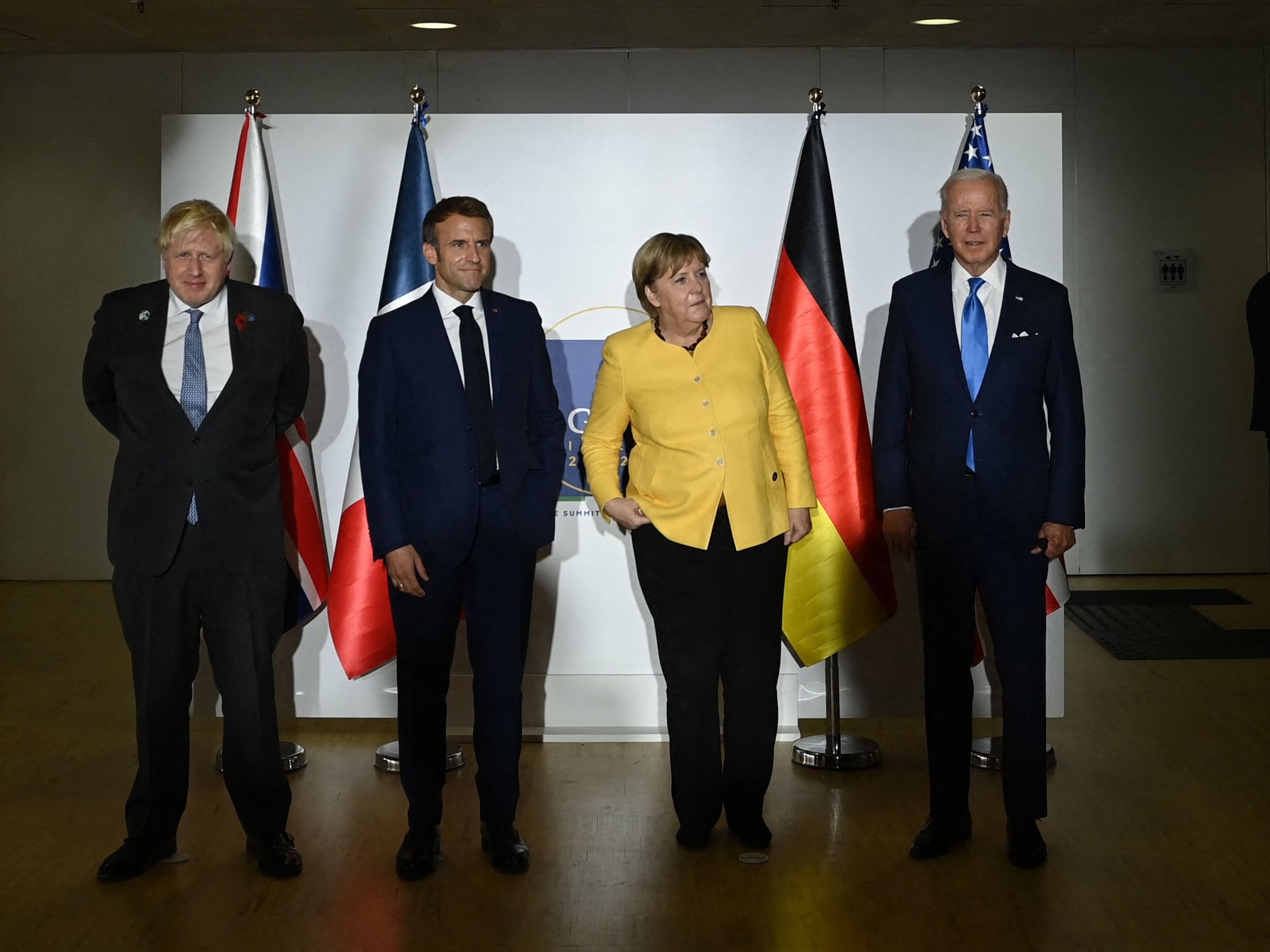 British Prime Minister Boris Johnson (from left), French President Emmanuel Macron, German outgoing Chancellor Angela Merkel and President Biden meet in Rome to discuss renewed talks over the Iran nuclear deal. (AFP via Getty Images)