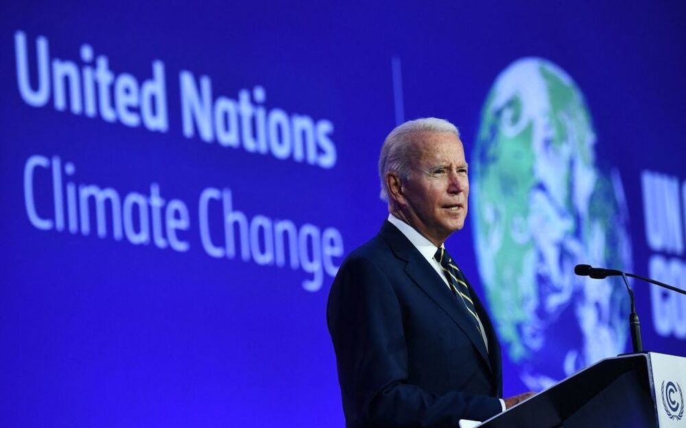 President Biden delivers a speech during the COP26 United Nations Climate Change Conference in Glasgow, Scotland, on Monday. (AFP via Getty Images)