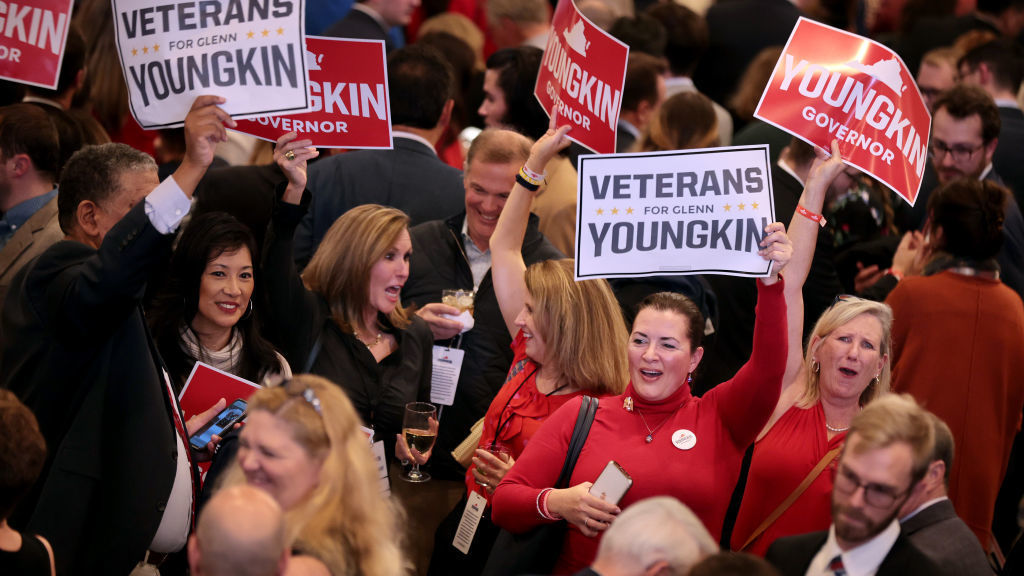 Supporters of Virginia Republican gubernatorial candidate Glenn Youngkin celebrate during an election night rally on Tuesday in Chantilly, Va. (Getty Images)