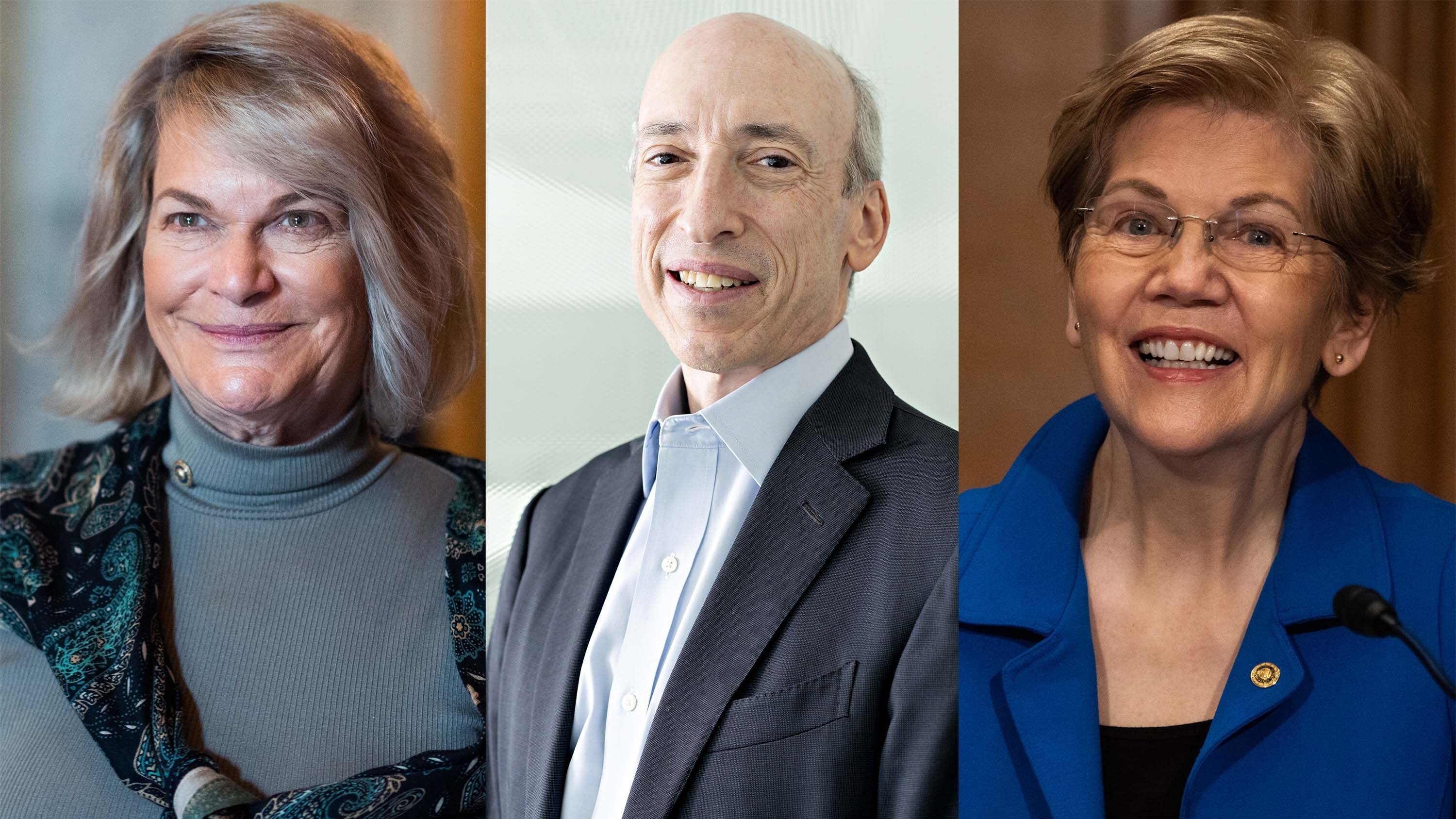 From left to right: Sen. Cynthia Lummis, R-Wyoming; Securities and Exchange Commission Chairman Gary Gensler; and Sen. Elizabeth Warren, D-Mass. All three are likely to play important roles as the country starts to shape regulations for cryptocurrencies such as Bitcoin. (Various)