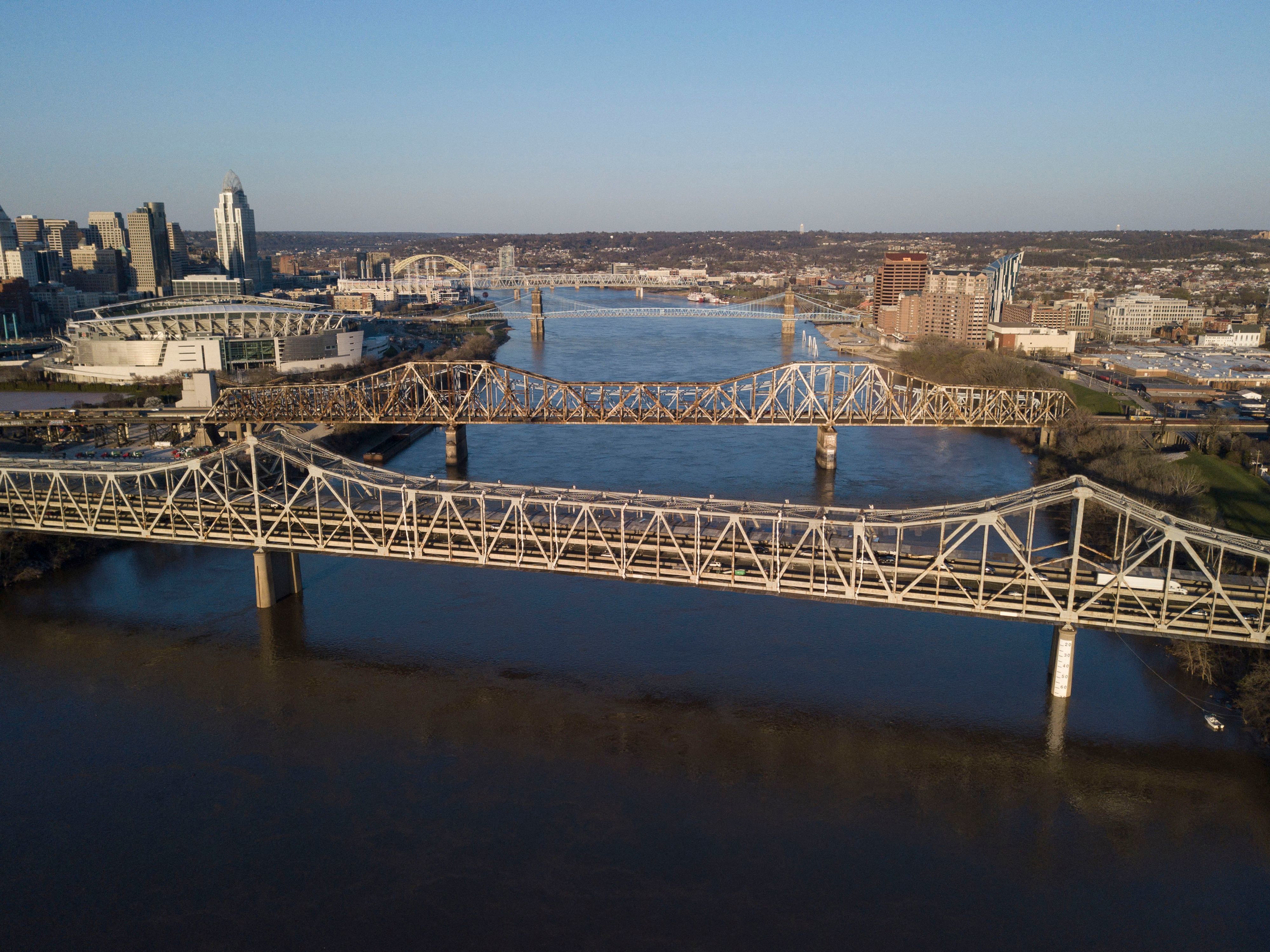 Photo of the Brent Spence Bridge connecting Cincinnati, Ohio and Covington, Kentucky. (Photo by JEFF DEAN/AFP via Getty Images)