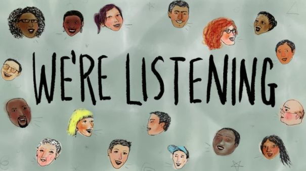 Call out card for we're listening.