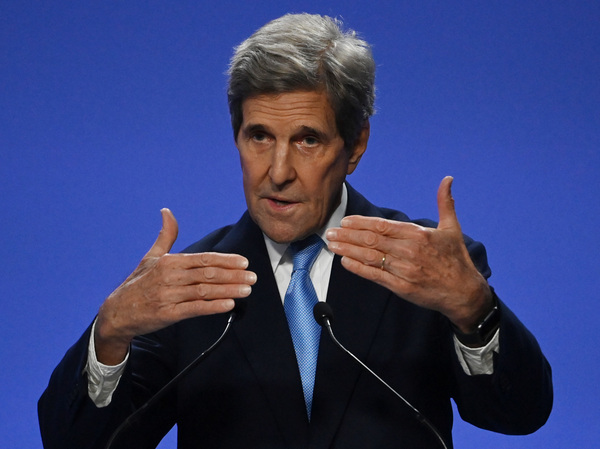 U.S. climate envoy John Kerry speaks at the COP26 summit during a joint U.S.-China statement on a declaration enhancing climate action.